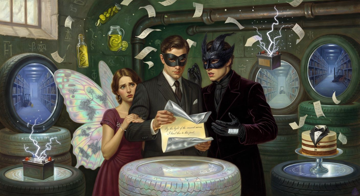 Cinematic romantasy satire scene inside an underground Tire Center Crypt, Bay Three. A devoted man in a formal suit and black domino mask stands at the center of a moonstone tire balancing machine, silver invitation unfolding into a glowing contract before him. Beside him, an elegant mysterious figure in a dark raven mask and refined black attire reaches out with a glowing barcode mark on their bare palm, their body language tense and intimate. A whimsical Butterfly Woman with iridescent wings marked by spreading gray curse patterns grips his sleeve, determined and worried. Around them, stacks of enchanted tires transform into circular mirrors showing moonlit warehouse aisles, glowing olive oil, sparking batteries, and a tuxedo mousse cake. Mood is magical, romantic, comedic, and suspenseful, with moonlit blue and fluorescent white lighting, swirling receipt paper, cinematic depth, tasteful emotional tension, no explicit content.