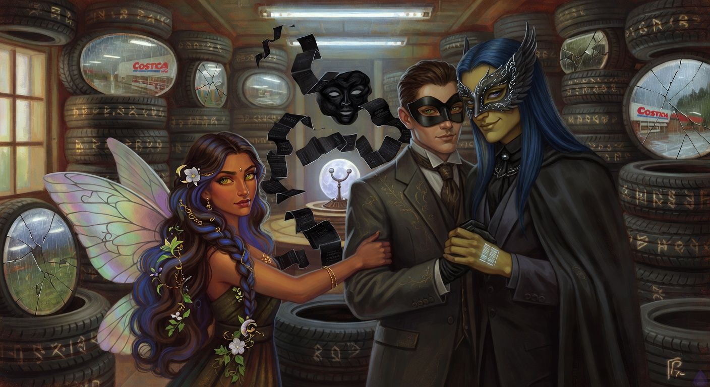 Cinematic romantasy scene inside an underground tire center crypt beneath a masquerade, moonstone balancing machine glowing at the center, stacks of rune-carved black tires forming circular walls, cracked tire mirrors showing rainlit Costco aisles and an Issaquah memory. Kirk Singer in a formal suit and black domino mask stands bravely with one hand clasped by The Watcher, who wears an elegant dark raven mask and refined attire, their barcode-marked bare palm glowing silver. The Butterfly Woman with iridescent wings marked by gray curse lines braces herself nearby, determined and sharp-witted. A serpentine ribbon of black receipt paper coils around the machine, forming a shifting ink face. Mood is tense, magical, romantic, satirical, with moonlit blue and fluorescent white lighting, dramatic body language, tasteful intimate tension, no explicit content.