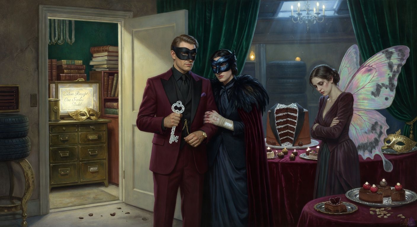 Cinematic romantasy masquerade scene inside a moonlit ballroom behind a mysterious warehouse tire center. A devoted man in a formal suit and black domino mask stands at a glowing service door, holding a sugar and silver key. Beside him is an elegant mysterious figure in a dark raven mask and refined dark attire, injured hand glowing with a silver barcode mark, standing close with restrained romantic tension. On the other side is a whimsical Butterfly Woman with iridescent wings partly marked by gray curse patterns, bruised but defiant. Behind them, a dramatic tuxedo mousse cake has opened like a magical vault on a lavish dessert table, with chocolate, silver platters, and enchanted truffles. The lighting is blue-white moonlight mixed with warm chandelier glow, intimate and suspenseful, with body language showing trust, courage, and tender alliance. In the doorway beyond, a hidden office of ledgers and brass drawers is visible, and a glass case holding a radiant Silver Receipt gleams ominously. Tasteful cinematic romance framing, magical realism, satirical fantasy atmosphere.