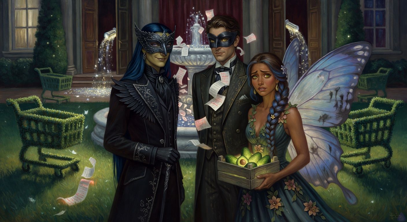 Cinematic romantasy masquerade garden at night behind a mysterious ballroom, moonlit hedges shaped like shopping carts, a marble fountain filled with floating receipts glowing red with magical text. Kirk Singer in a formal suit and black domino mask stands between The Watcher, an elegant figure in a dark raven mask and refined midnight attire, and The Butterfly Woman with iridescent wings holding a crate of glowing avocados. The mood is suspenseful and whimsical, with silver-blue moonlight, bottled starlight spilling from the ballroom doors, subtle romantic tension in The Watcher’s poised body language, and concern on the Butterfly Woman’s face as gray curse marks touch the lower edges of her wings. Tasteful, magical, satirical, richly detailed, cinematic framing.
