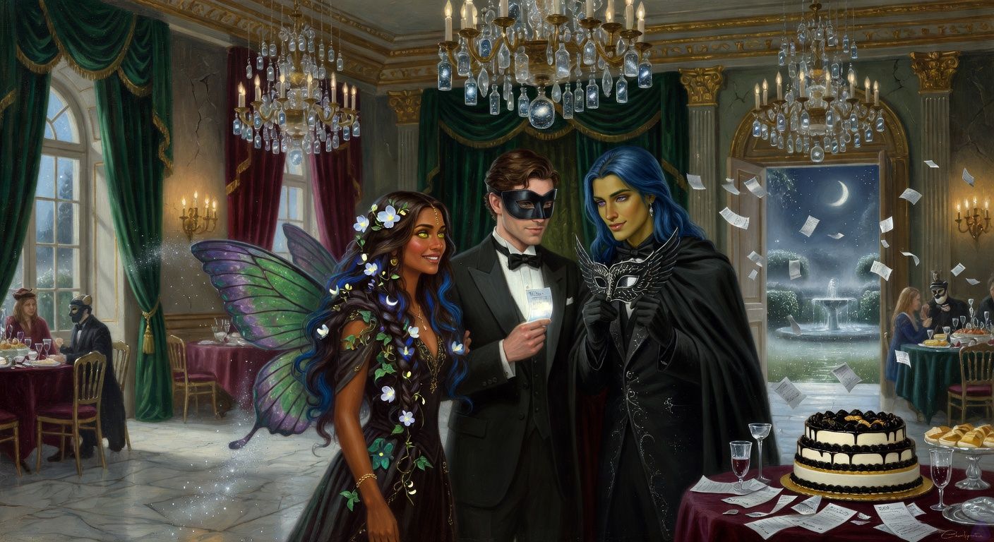 Cinematic romantasy masquerade ballroom at midnight, elegant Costco-inspired magical satire setting, chandeliers filled with bottled starlight, moonlit garden visible through open doors, a tuxedo mousse cake restored on a lavish dessert table, silver receipts fluttering like confetti. Kirk Singer in a formal suit and black domino mask stands center holding a glowing Silver Receipt over his heart, flanked by The Watcher in elegant dark attire with raven mask removed, ancient vulnerable eyes and a softened expression, and the Butterfly Woman with restored iridescent green and violet wings shedding the last gray curse ash. Mood is triumphant, tender, magical, and comedic, with warm silver-blue lighting, intimate body language, relieved smiles, tasteful romantic tension between Kirk and The Watcher, lush details, cinematic fantasy film composition.
