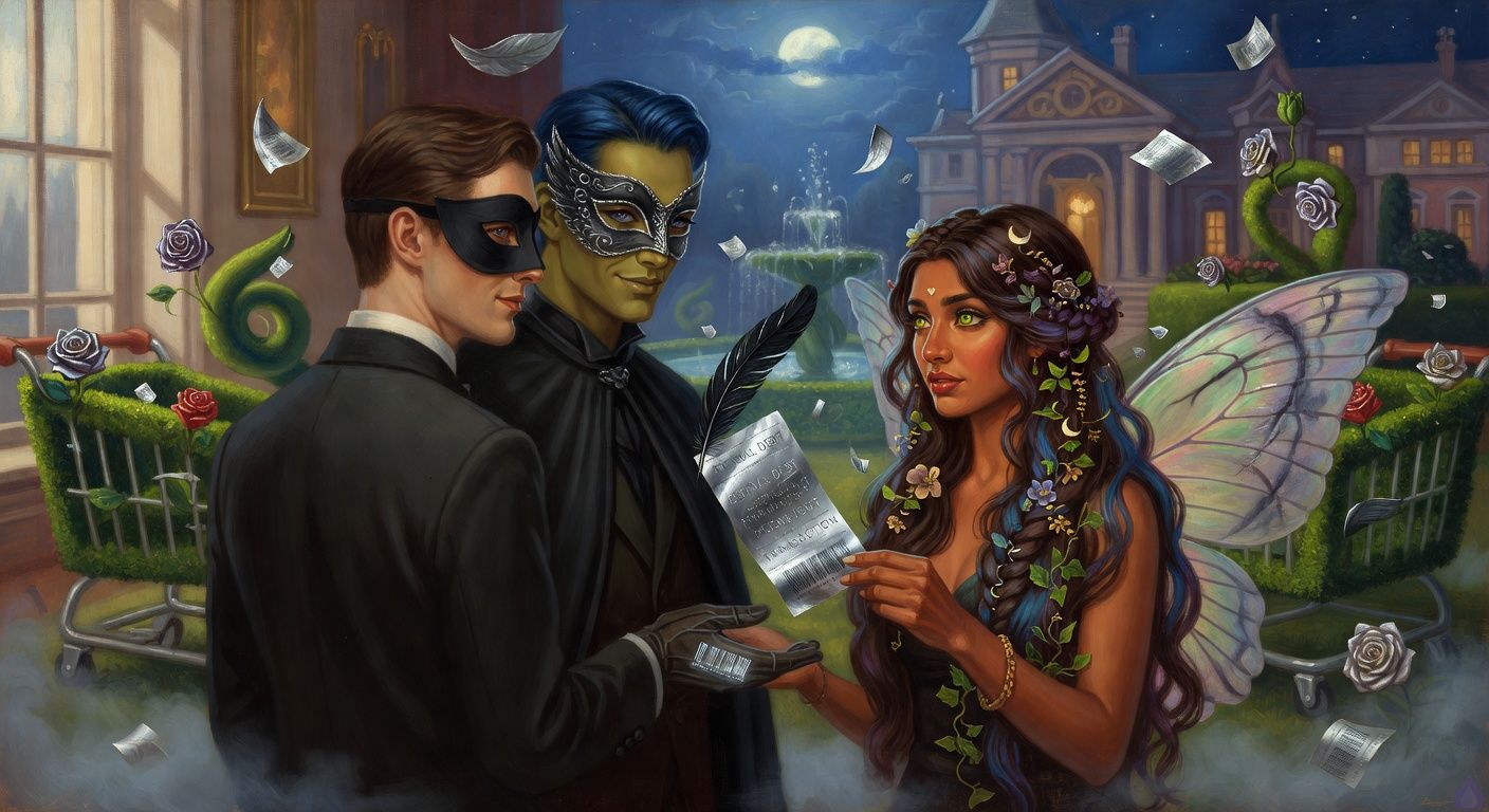 Cinematic moonlit fantasy garden behind an enchanted masquerade manor, with shopping-cart-shaped hedges, silver receipt papers floating in a fountain, and roses closed like tiny fists. In the foreground, Kirk Singer in a formal suit and black domino mask faces The Watcher, an elegant mysterious figure in a dark raven mask and refined attire, one glove removed to reveal a glowing silver barcode mark on their palm. A black feather has transformed into a glossy receipt between them, shining with silver letters. The Butterfly Woman stands nearby with iridescent wings partly streaked by gray curse marks, holding the receipt with urgency. Mood is romantic, tense, whimsical, and magical, with blue moonlight, soft mist, tasteful intimate body language, charged gazes, and fantasy satire elegance.