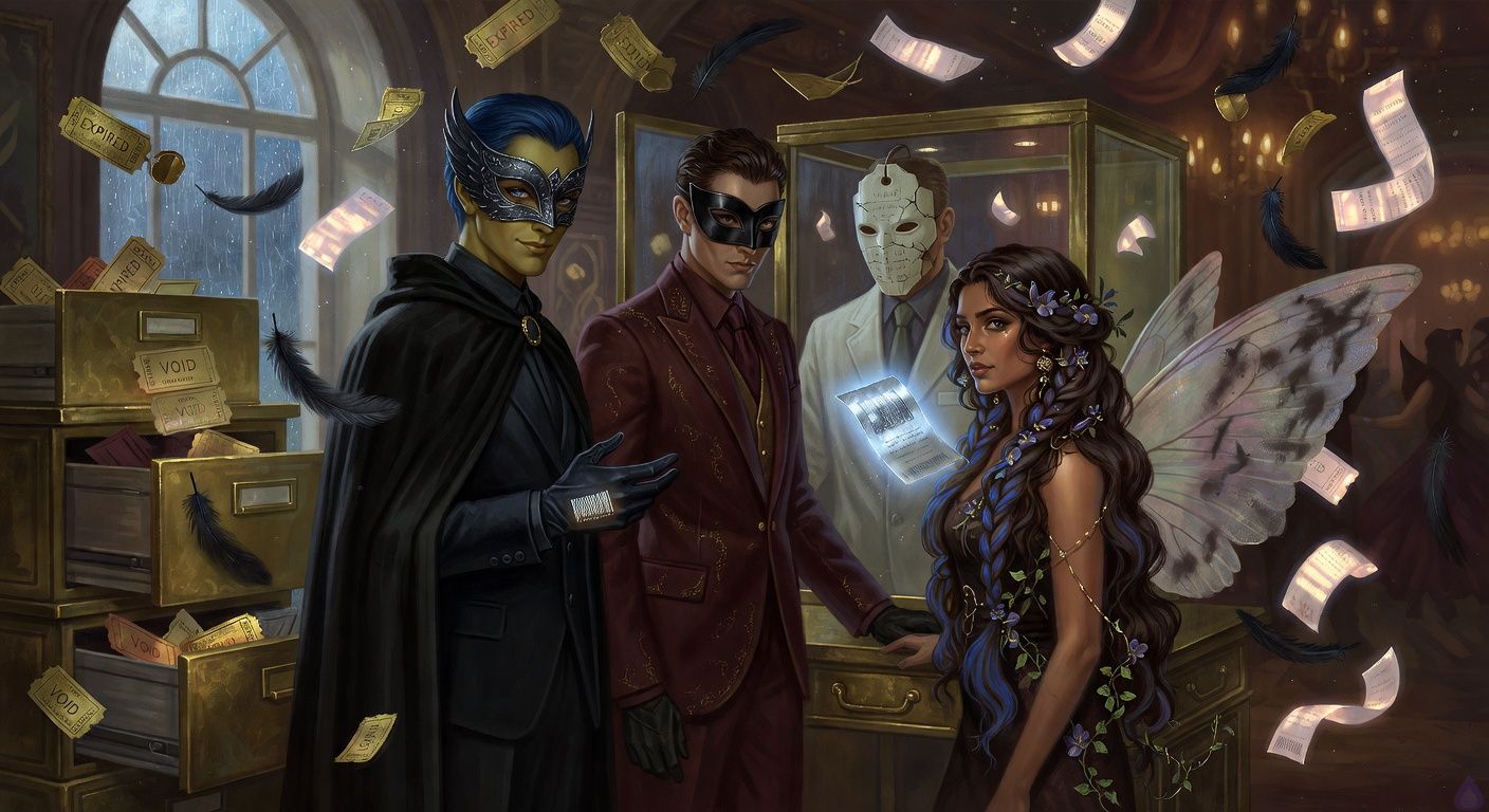 Cinematic romantasy satire scene inside a mystical hidden accounting office behind a masquerade ballroom. Kirk Singer in a formal suit and black domino mask stands between The Watcher, an elegant figure in a dark raven mask with a glowing injured barcode mark on their palm, and The Butterfly Woman with bruised iridescent wings streaked by gray curse marks. Before them, the Auditor in a white accounting coat and cracked porcelain price-tag mask stands behind an open glass case where a radiant Silver Receipt hovers in moonlit air. Brass filing drawers burst open with floating coupons, black feathers, and glowing receipt paper. Mood is tense, magical, intimate, and heroic, with silver-blue Issaquah rainlight, warm chocolate tones from the ballroom beyond, and dramatic body language showing trust, defiance, and romantic tension. Tasteful cinematic framing, no explicit content.