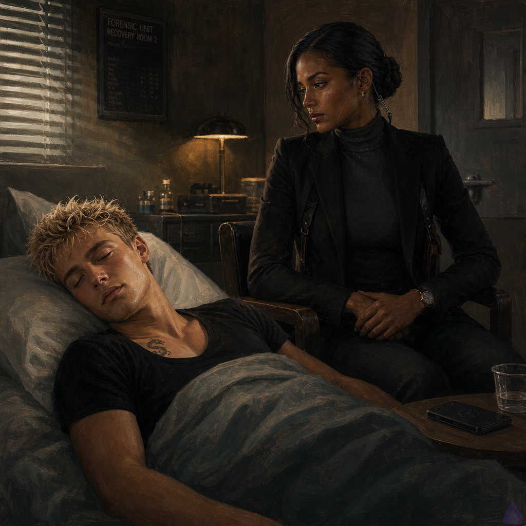 PG-13 cinematic scene in a dim private forensic unit recovery room at dawn. An exhausted young man, Blake Rhodes, fair skin, short messy blond spiky hair, blue-gray eyes, athletic build, lies on his side under a clinic blanket wearing soft clinic clothes and an oversized charcoal hoodie, face pale and emotionally drained. Beside him sits Amelia Danvers, tall strong Black woman with deep mahogany skin, dark eyes, blue-black hair in a sleek low bun, thin silver scar along her right jaw, tailored black security blazer and tactical trousers, watch visible on her wrist. She sits in a chair between Blake and the closed door, alert but tender, guarding him while he sleeps. Soft silver morning light filters through half-closed blinds, low lamp glow, sterile room with a side table, water cup, secure phone face down. Mood protective, intimate, restrained, emotionally intense, no explicit content.