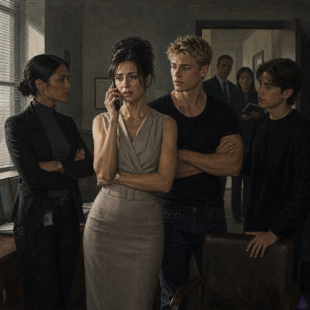 A tense PG-13 forensic unit consultation room at dawn, lit by pale clinical lights and gray morning through blinds. Blake Rhodes, an 18-year-old fair-skinned young man with short messy blond hair, blue-gray eyes, athletic build, and an oversized charcoal hoodie over clinic-issued clothes, stands exhausted near a chair, arms folded protectively. Celeste Rhodes, elegant fair-skinned woman with champagne-blonde waves, cream sweater and navy trousers, holds a secure phone with a stricken expression. Amelia Danvers, tall athletic woman with deep mahogany skin, blue-black hair in a sleek low bun, black security blazer, tactical trousers, small gold hoops, and a silver scar along her jaw, stands alert near Blake, protective but not touching him. Helena Rusk, silver bob and charcoal suit, watches sharply. Detectives and medical staff linger in the background. Mood: suspenseful, intimate, emotionally raw, legal and medical tension, no gore, no explicit content.