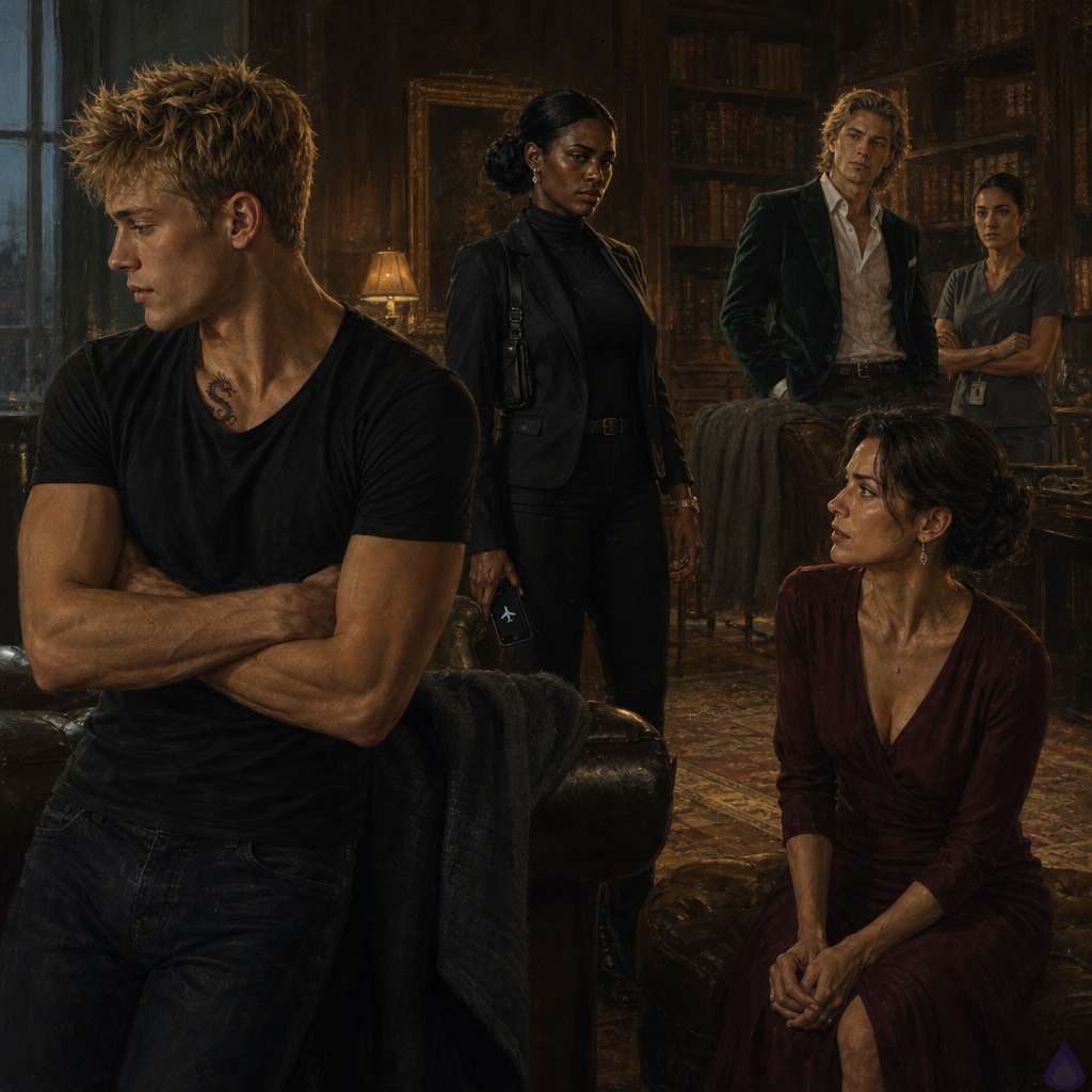 A tense PG-13 dramatic scene in a wealthy mansion’s east library before dawn. Blake Rhodes, an 18-year-old fair-skinned young man with short messy blond hair, blue-grey eyes, athletic slim build, wrinkled black party shirt, designer jeans, and a charcoal cashmere throw around his shoulders, stands leaning against the back of a leather sofa rather than sitting. Amelia Danvers, tall athletic woman with deep mahogany skin, blue-black hair in a sleek low bun, dark eyes, thin silver scar along her right jaw, tailored black security blazer and discreet holster, stands nearby holding a secure device after preserving text messages, her posture protective and controlled. Celeste Rhodes, elegant fair-skinned woman with freckles, champagne-blonde old-Hollywood waves, ice-blue eyes, pearl earrings, cream silk robe, sits rigidly on a low ottoman several feet away, visibly afraid but restraining herself. Dr. Vance, gray-haired doctor with medical bag, and Nurse Patel with a sealed kit and folded blanket wait respectfully at a distance. Warm amber lamplight, dark wood shelves, leather-bound books, heavy curtains, an unlit fireplace, atmosphere of quiet dread, care, and fragile trust. Cinematic realism, emotional body language, no explicit content, no gore.