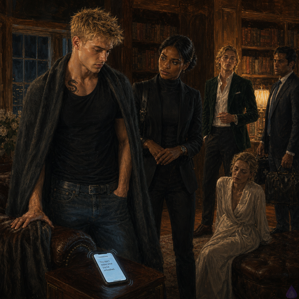 PG-13 dramatic scene in an old-money mansion east library at night, warm amber lamplight, dark wood bookshelves, leather furniture, unlit fireplace. Blake Rhodes, an 18-year-old young man with fair skin, messy short blond hair, blue-grey eyes, athletic build, wearing a wrinkled black party shirt and designer jeans with a charcoal cashmere throw around his shoulders, stands tense beside the back of a sofa, visibly shaken but trying to stay composed. Amelia Danvers, tall athletic woman with deep mahogany skin, blue-black hair in a sleek low bun, dark eyes, thin silver scar along her right jaw, tailored black security blazer and tactical trousers, stands protectively near him, alert and steady. Celeste Rhodes, refined fair-skinned woman with freckles, champagne blonde old-Hollywood waves, pearl earrings, cream silk robe, sits on an ottoman looking pale and frightened but restrained. Dr. Vance and Nurse Patel stand respectfully at a distance with medical bags. A smartphone glows on a side table with an ominous unreadable message, all characters looking toward it. Mood: tense, intimate, protective, emotional, cinematic lighting, no explicit content.