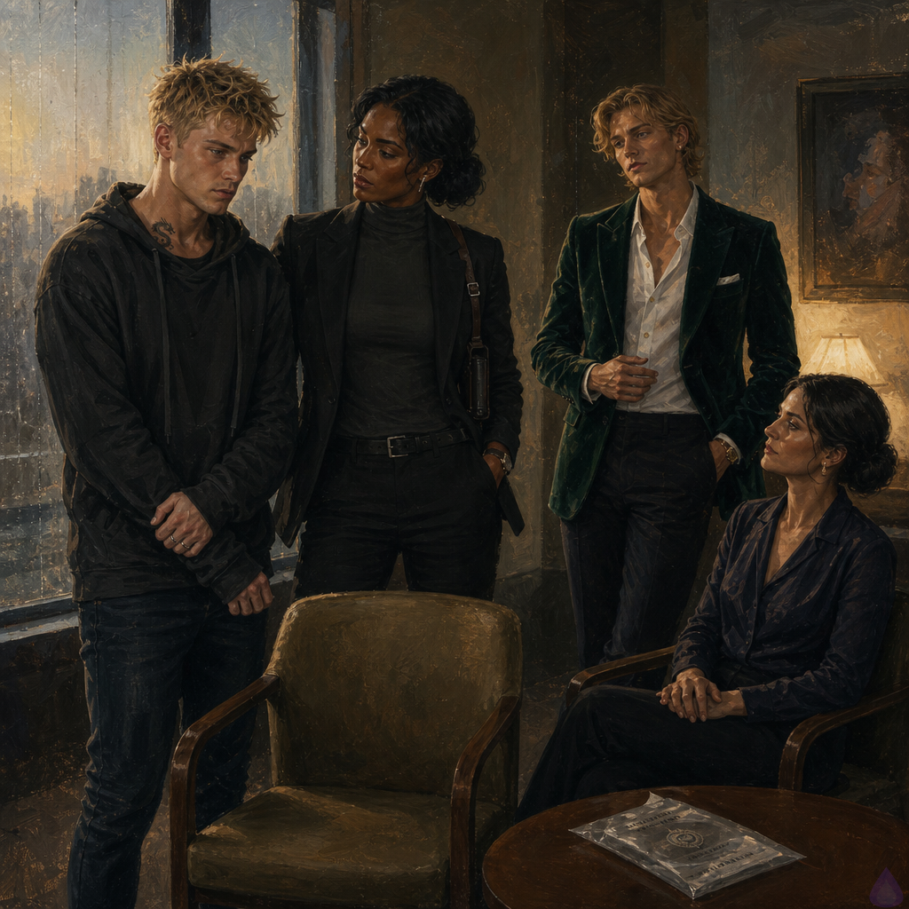 PG-13 dramatic hospital consultation room at dawn, warm clinical lighting, rain-streaked window, an 18-year-old blond young man in an oversized charcoal hoodie standing tense beside a chair, fair skin, messy short spiky blond hair, blue-grey eyes, athletic slim build, silver signet ring, visibly shaken but composed. On his left stands Amelia Danvers, tall athletic Black woman with deep mahogany skin, blue-black hair in a sleek low bun, dark eyes, thin silver scar along right jaw, tailored black security blazer and tactical trousers, protective posture with hands visible and respectful distance. On his right sits Celeste Rhodes, elegant fair freckled woman with champagne-blonde waves, cream sweater and navy trousers, no pearls, tearful but restrained, hands folded tightly. Maren Holt, calm forensic nurse with silver-streaked brown hair, stands near a table with sealed evidence kit and face-down forms. Mood: fragile trust, trauma-informed care, protective tension, no explicit nudity, no graphic imagery.