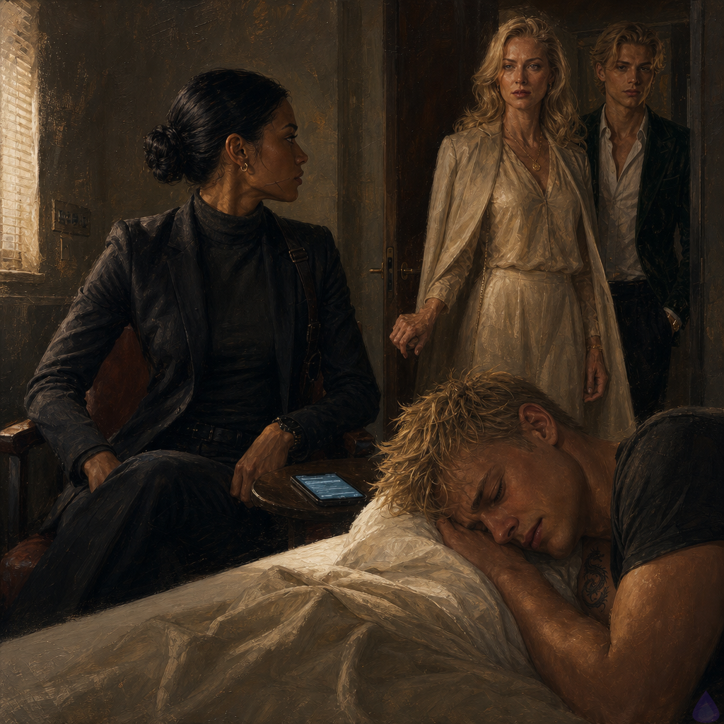 PG-13 cinematic scene inside a dim private recovery room at a forensic clinic at dawn. Blake Rhodes, an 18-year-old young man with messy short blond hair, fair skin, blue-gray eyes, and an oversized charcoal hoodie over soft clinic clothes, lies curled on his side beneath a pale blanket on a narrow medical bed, exhausted and vulnerable. Amelia Danvers, a tall athletic Black woman with deep mahogany skin, dark eyes, a sleek blue-black low bun, a thin silver scar along her right jaw, black security blazer and tactical trousers, sits close in a chair angled toward the door, watchful and tender but not touching him. Celeste Rhodes stands in the doorway in a cream sweater and navy trousers, champagne-blonde hair loose, pale and shaken, with Helena Rusk behind her in a charcoal suit. The mood is tense, intimate, protective. Soft gray dawn light filters through blinds, mixed with warm bedside lamp light. A secure phone glows on the side table, symbolizing a threatening message. Body language emphasizes restraint, trust, fear, and fragile family honesty.