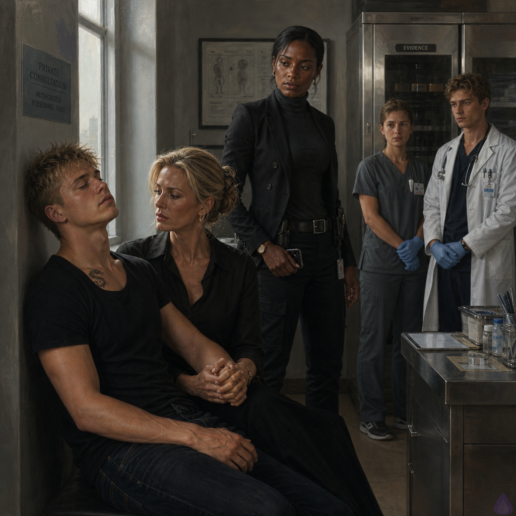 A tense PG-13 scene in a private forensic clinic consultation room at dawn. An exhausted 18-year-old young man with fair skin, messy short blond hair, blue-gray eyes, and a charcoal hoodie sits or leans near an exam room wall, holding his elegant mother’s hand. His mother has champagne-blonde waves, fair freckled skin, ice-blue eyes, a cream sweater and navy trousers, looking shaken but quietly supportive. A tall Black female head of security with deep mahogany skin, dark eyes, blue-black hair in a sleek low bun, a thin silver scar along her jaw, black tailored security suit, discreet holster, and watch stands nearby with a secure phone in hand, protective and controlled. A calm forensic nurse and doctor remain in the background near a locked evidence cabinet. Mood: intimate, tense, protective, early morning pale silver light through blinds, antiseptic clinical setting softened by human closeness, no graphic details, no nudity, emotional aftermath and trust.