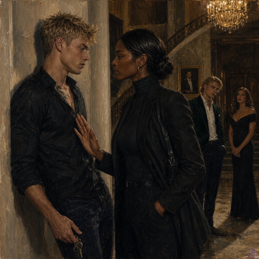 A cinematic PG-13 scene in a grand marble mansion foyer at night, warm chandelier light reflecting on polished floors. Blake Rhodes, an 18-year-old masculine young man with fair skin, short messy spiky blond hair, blue-gray eyes, athletic slim build, wearing wrinkled designer jeans and a black party shirt, leans unsteadily against the wall with keys in his hand, shaken and disoriented. Amelia Danvers, a tall athletic woman with deep mahogany skin, dark brown eyes, blue-black hair in a sleek low bun, a thin silver scar along her right jawline, wearing a tailored black security blazer over a charcoal turtleneck and tactical trousers, stands a respectful arm’s length away with one hand gently raised, calm and protective. The mood is tense, intimate, and compassionate, with long shadows, quiet luxury, and emotional vulnerability. No explicit content, no nudity, no violence.