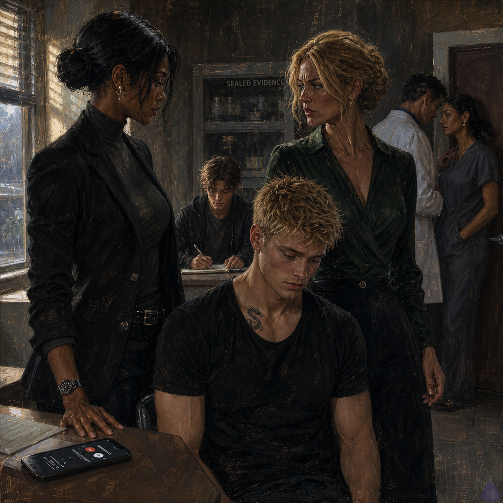PG-13 cinematic scene inside a private forensic clinic consultation room at dawn. Blake Rhodes, an exhausted 18-year-old young man with fair skin, messy short blond hair, blue-gray eyes, and an oversized charcoal hoodie over clinic clothes, sits pale and shaken under soft clinical lighting. Celeste Rhodes, elegant but disheveled with champagne-blonde waves, fair freckled skin, and a cream sweater with navy trousers, stands beside him after releasing his hand, visibly furious and devastated. Amelia Danvers, tall and athletic with deep mahogany skin, dark eyes, blue-black hair in a sleek low bun, a thin silver scar along her jaw, and a tailored black security blazer, stands close but not touching, protective and controlled. A secure phone sits on the desk after playing a voicemail, a sealed evidence cabinet is visible in the background, and rain-streaked dawn light filters through blinds. Mood: tense, intimate, protective, emotionally charged, realistic modern dark romance drama.