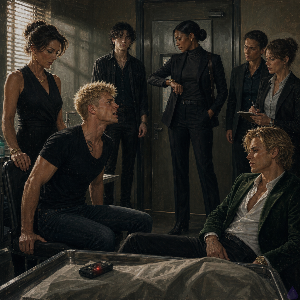 A tense PG-13 cinematic scene inside a private forensic unit recovery room in early morning light. Blake Rhodes, an exhausted 18-year-old fair-skinned young man with messy short blond hair, blue-gray eyes, and a loose charcoal hoodie over clinic clothes, sits angled painfully in a chair beside a narrow hospital bed, gripping the chair edge while confronting someone on a tablet/phone speaker. Amelia Danvers, tall athletic Black woman with deep mahogany skin, dark eyes, blue-black hair in a sleek low bun, a thin silver scar along her right jaw, charcoal turtleneck and black tactical trousers with a discreet holster, stands protectively between Blake and the door, tense but controlled. Celeste Rhodes, refined fair-skinned woman with champagne-blonde hair slightly loosened, cream sweater and navy trousers, stands behind Blake’s shoulder, pale and silent. Helena Rusk, silver bob and charcoal suit, and two detectives stand nearby with a recorder glowing red on a tray. Mood: tense, intimate, protective, legal confrontation. Lighting: pale silver morning through blinds, clinical overhead softness, muted shadows. Body language: Blake shaken but defiant, Amelia fiercely restrained, Celeste guilt-ridden and silent, everyone focused on the call. No explicit content, no gore.
