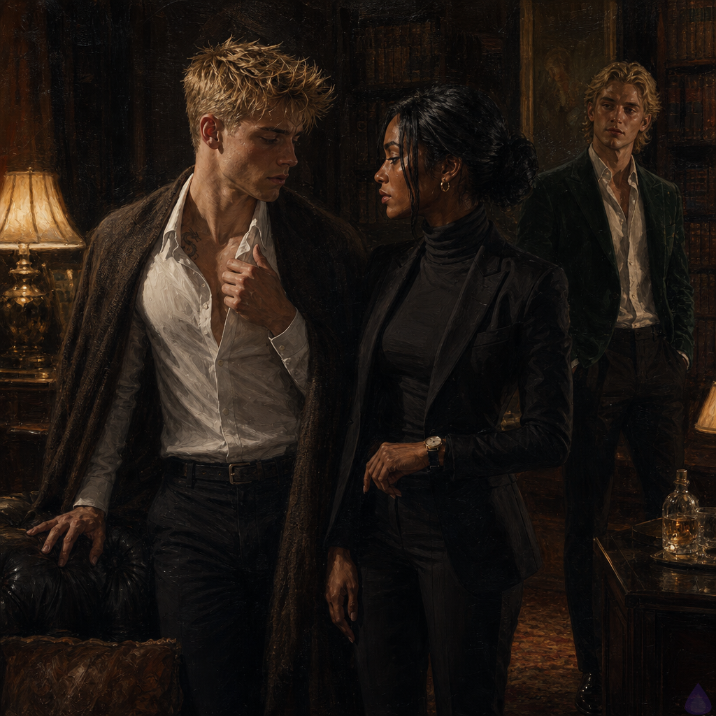A tense PG-13 dramatic scene inside an elegant old-money mansion library at night. Blake Rhodes, an 18-year-old young man with fair skin, messy short blond hair, blue-grey eyes, athletic build, wrinkled black party shirt, designer jeans, and a small dragon tattoo near his collarbone partly visible, stands unsteadily wrapped in a cashmere throw beside a dark leather sofa, avoiding sitting. Amelia Danvers, a tall athletic woman in her late 20s with deep mahogany skin, dark eyes, blue-black hair in a sleek low bun, a thin silver scar along her right jawline, black tailored security blazer, charcoal turtleneck, tactical trousers, polished boots, discreet earpiece and shoulder holster, stands beside him at a respectful distance, protective and controlled, one hand near her watch. Warm amber lamp light, dark wood shelves full of legal books, heavy curtains, polished furniture, and a shadowed doorway. The mood is intimate, protective, tense, and fragile, with no explicit imagery, only emotional aftermath and safety.