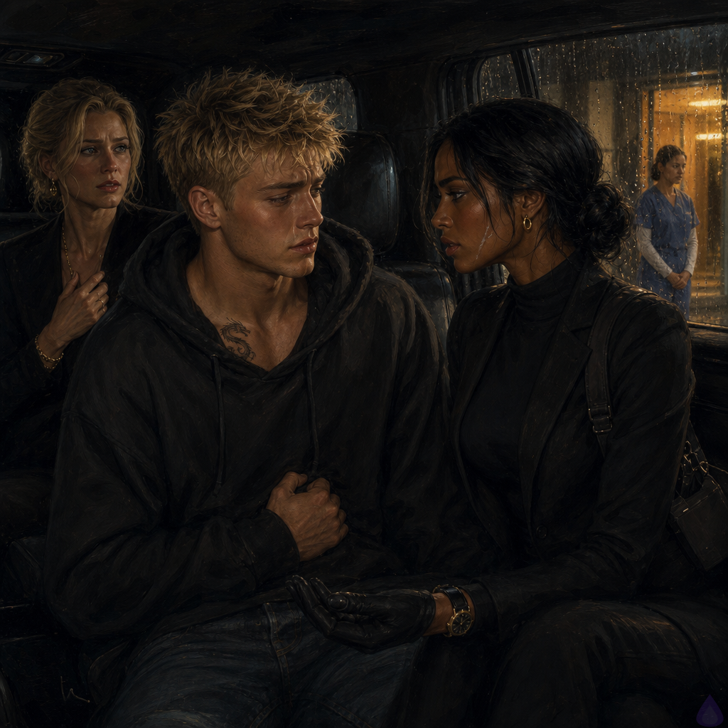 PG-13 cinematic scene inside a black luxury security SUV stopped under a rain-soaked private clinic awning at night. Blake Rhodes, an 18-year-old fair-skinned young man with short messy blond hair, blue-grey eyes, athletic build, wearing an oversized charcoal hoodie over rumpled party clothes, sits angled carefully on the middle row seat, visibly shaken, one hand gripping his hoodie near his stomach. Amelia Danvers, tall athletic woman with deep mahogany skin, blue-black hair in a sleek low bun, dark eyes, thin silver scar along her right jaw, black security blazer and tactical trousers, sits beside him with one gloved hand open on the seat between them, offering support without touching. Celeste Rhodes, elegant fair-skinned woman with freckles and loose champagne-blonde waves, cream sweater and navy trousers, sits behind them, pale and tearful, holding herself back. Outside the open clinic door, Nurse Patel and Dr. Vance wait under warm amber light, rain falling hard around the awning. Mood tense, tender, protective, intimate emotional realism, reflections in rain-streaked windows, no explicit content.