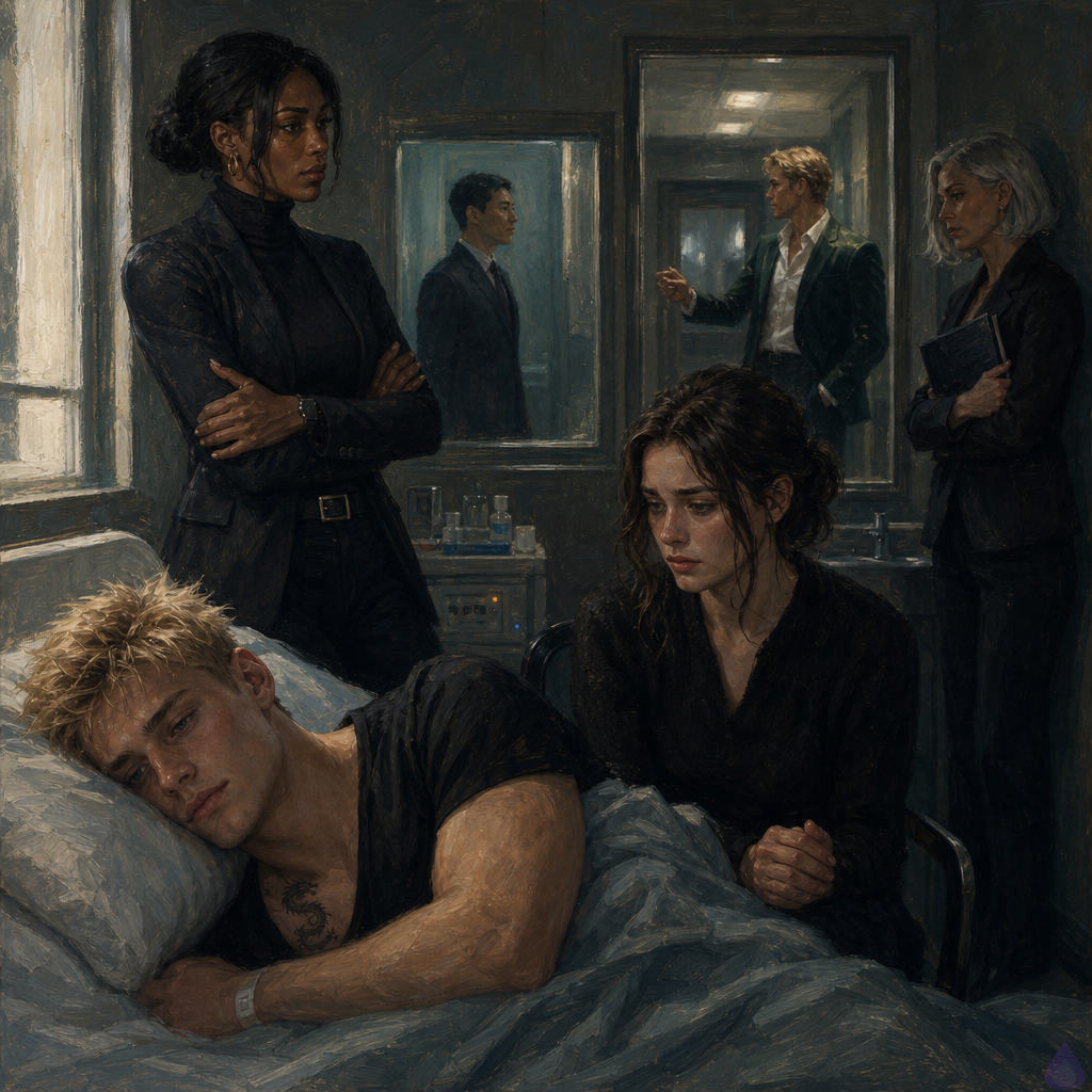 A tense PG-13 hospital forensic recovery room in pale morning light, viewed cinematically. Blake Rhodes, an exhausted young blond man with messy short hair, fair skin, blue-grey eyes, and an oversized charcoal hoodie over clinic clothes, lies on his side in a narrow recovery bed under a blanket, looking shaken but alert. Celeste Rhodes, elegant but visibly broken, champagne-blonde hair slightly disheveled, fair freckled skin, cream sweater and navy trousers, sits beside his bed with hands folded tightly in her lap, listening in silence with tears in her eyes. Amelia Danvers, tall and athletic with deep mahogany skin, dark eyes, blue-black hair in a sleek low bun, a thin silver scar along her right jaw, charcoal turtleneck and black tactical trousers with her black security blazer over one arm, stands protectively near the door, body angled toward both Blake and the corridor. Helena Rusk, a sharp older woman with a silver bob in a charcoal suit, stands in the background holding a closed legal folder. The room has low clinical lighting, blinds glowing white with morning, a tray with a paper coffee cup, a secure phone, and a mood of restrained grief, protection, and truth emerging.