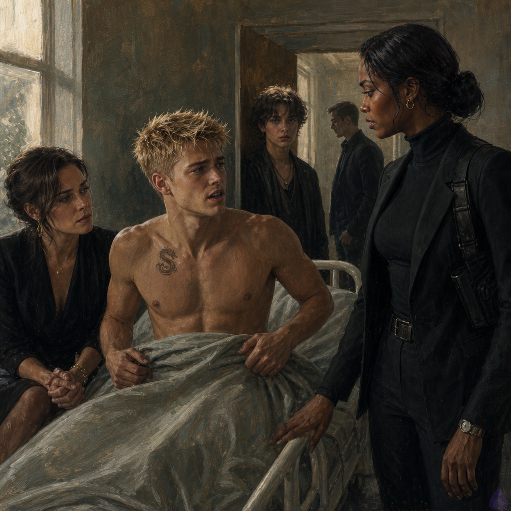 A PG-13 emotional hospital recovery room scene in a forensic unit at pale morning light. Blake Rhodes, an 18-year-old fair-skinned young man with short messy blond hair and blue-gray eyes, lies on his side in a clinic bed wearing a charcoal hoodie over soft clinic clothes, looking exhausted and shaken, one hand gripping the blanket. Amelia Danvers, a tall athletic Black woman with deep mahogany skin, dark eyes, blue-black hair in a sleek low bun, a thin silver scar along her right jaw, charcoal turtleneck and black tactical trousers, stands beside the bed with one open hand resting on the bed rail, not touching him, radiating controlled protectiveness. Celeste Rhodes, refined fair-skinned woman with champagne-blonde hair clipped back, pale sweater and navy trousers, sits beside the bed with hands folded tightly, visibly devastated but restrained. In the hallway beyond the partly open door, blurred figures of a silver-haired attorney and detectives confer. Mood: tense, tender, trauma-informed care, quiet trust. Lighting: soft gray-white dawn through blinds, clinical overhead dimmed, muted colors, emotional intimacy without physical embrace.