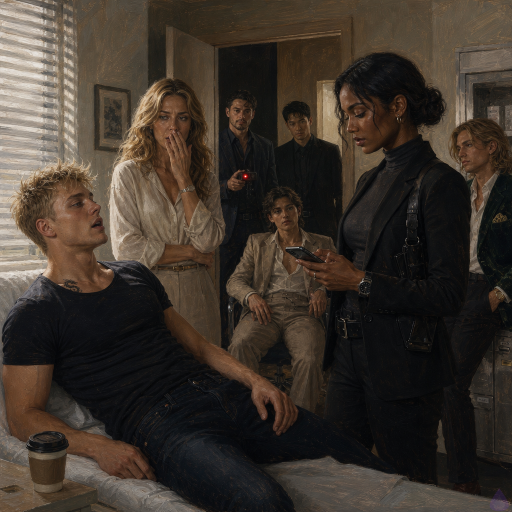 A tense PG-13 forensic unit recovery room in pale morning light, blinds casting silver stripes across the floor. Blake Rhodes, an exhausted young fair-skinned blond man in a charcoal hoodie and clinic clothes, lies angled on a narrow medical bed with a paper coffee cup on the side table, looking determined despite visible fatigue. Amelia Danvers, a tall athletic Black woman with deep mahogany skin, dark eyes, a sleek low bun, a thin silver scar along her jaw, black tactical trousers and charcoal turtleneck with shoulder holster, stands near the door holding a secure phone, protective and restrained. Celeste Rhodes, elegant fair-skinned champagne-blonde woman in a cream sweater and navy trousers, stands pale but resolute beside the bed. Detectives and a silver-haired attorney are visible in the background with notebooks and evidence folders. Mood: tense, intimate, legal drama, protective, dawn light, emotional resolve, no graphic imagery.