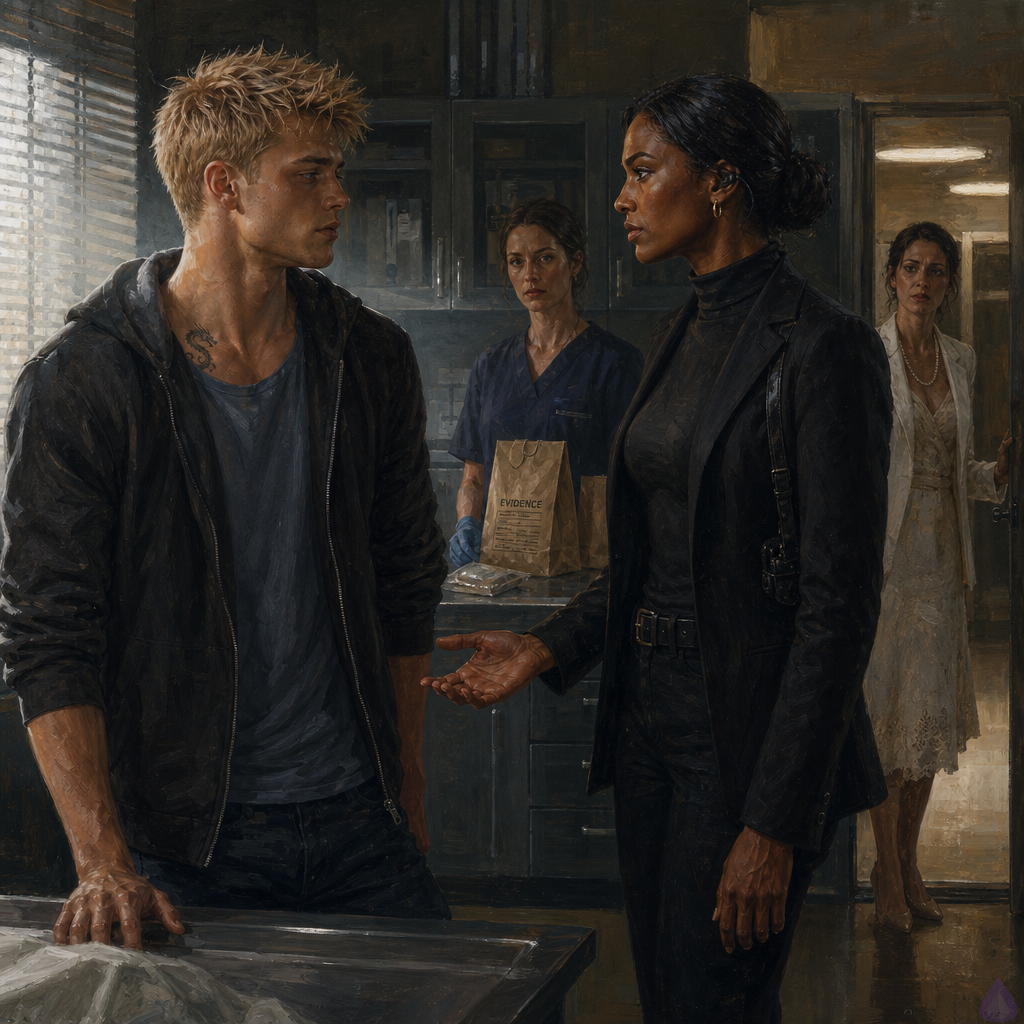 PG-13 dramatic hospital forensic unit scene at dawn. An 18-year-old fair-skinned blond young man with messy short spiky hair, blue-grey eyes, athletic slim build, wearing a charcoal hoodie over soft clinic-issued clothes, stands shaken beside an exam table in a private forensic exam room. A sealed evidence kit and labeled paper bags sit on the counter. Amelia Danvers, a tall athletic woman with deep mahogany skin, dark eyes, blue-black hair in a sleek low bun, thin silver scar along her right jaw, black security blazer and tactical trousers, stands protectively nearby holding a secure phone, her expression controlled and fierce. Celeste Rhodes, elegant fair freckled woman with champagne-blonde waves, cream sweater and navy trousers, stands in the doorway looking pale and devastated but restrained. Maren Holt, calm forensic examiner with silver-streaked brown hair, stands near the sealed kit. Mood tense, intimate, protective, rain-gray dawn light through blinds, clinical warm overhead lighting, strong emotional body language, no nudity, no graphic detail.