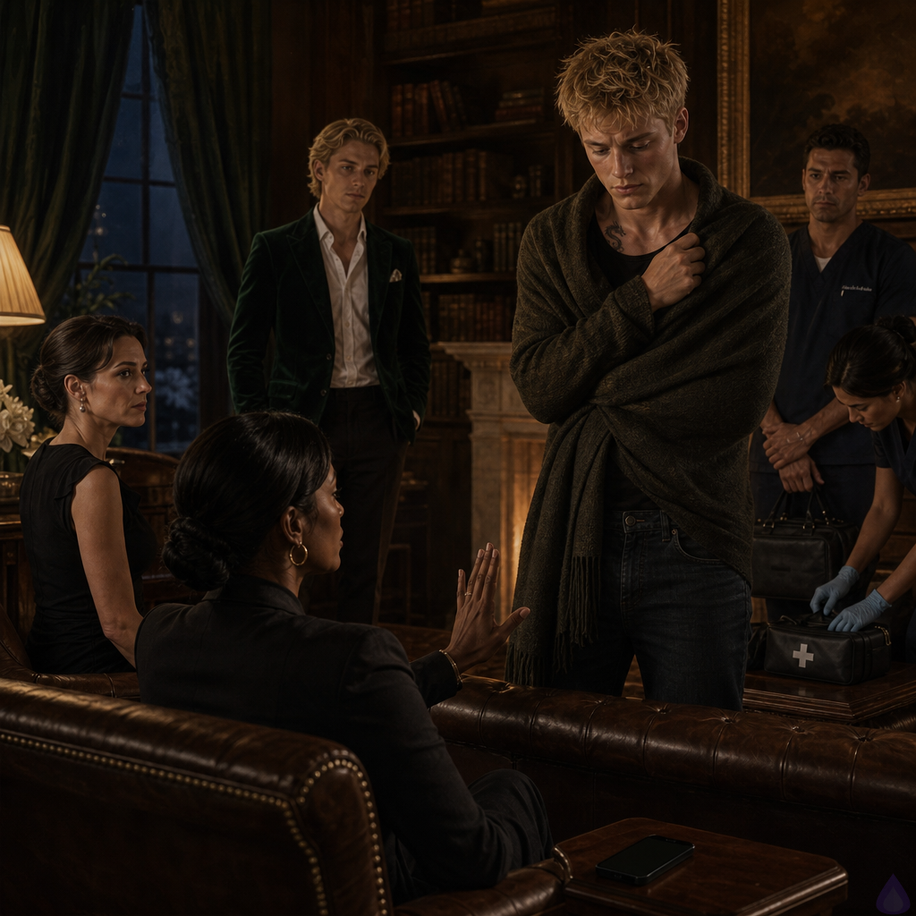 A tense PG-13 scene in an elegant east library at night, warm amber lamp light, dark wood shelves, leather chairs, heavy curtains, and a cold fireplace. Blake Rhodes, an 18-year-old fair-skinned young man with messy short blond hair, blue-grey eyes, athletic build, wrinkled black party shirt, designer jeans, scuffed sneakers, and a charcoal cashmere throw around his shoulders, stands shaken near the back of a sofa, clutching the blanket and looking frightened. Amelia Danvers, a tall athletic woman with deep mahogany skin, dark nearly black eyes, blue-black hair in a sleek low bun, a thin silver scar along her right jaw, black security blazer and tactical trousers, stands close but not touching, protective and controlled, one hand slightly open in a calming gesture. Celeste Rhodes, elegant fair-skinned woman with freckles, champagne blonde old-Hollywood waves, ice blue eyes, pearl earrings, and cream silk robe, sits rigidly on an ottoman, devastated but trying to stay calm. Dr. Vance with gray hair and medical bag and Nurse Patel with a sealed kit wait respectfully nearby. A dark smartphone lies on the side table, screen dimmed, symbolizing threat. Mood: trauma-informed tension, protection, family crisis, quiet emotional intensity, cinematic realism.
