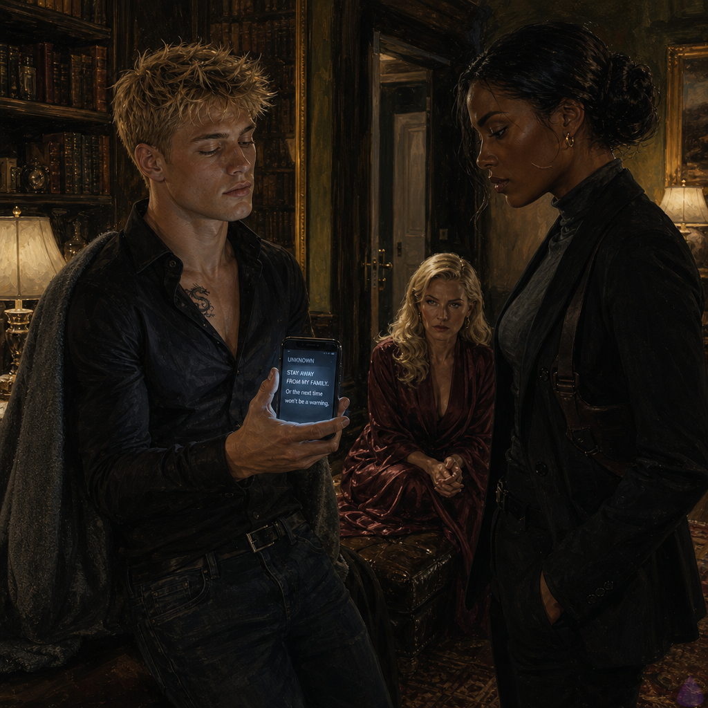 A tense PG-13 cinematic scene in a wealthy mansion's east library at night. Blake Rhodes, an 18-year-old masculine young man with fair skin, messy short blond hair, blue-grey eyes, athletic build, wearing a wrinkled black party shirt, designer jeans, and wrapped in a charcoal cashmere throw, stands leaning against the back of a dark sofa, visibly shaken and holding a glowing phone. Amelia Danvers, tall athletic woman with deep mahogany skin, blue-black hair in a sleek low bun, dark eyes, a thin silver scar along her right jawline, wearing a tailored black security blazer, charcoal turtleneck, tactical trousers, and discreet earpiece, stands protectively near the open library door, alert and controlled. Celeste Rhodes, elegant fair-skinned woman with champagne blonde old-Hollywood waves, ice blue eyes, pearl earrings, and a cream silk robe, sits carefully on a low ottoman several feet from Blake, hands clasped, face full of restrained fear and love. Warm amber lamplight, old leather books, heavy curtains, polished wood, a cold fireplace, atmosphere of silence, trauma, protection, and fragile trust. The phone screen casts a faint cool light, contrasting the warm room.