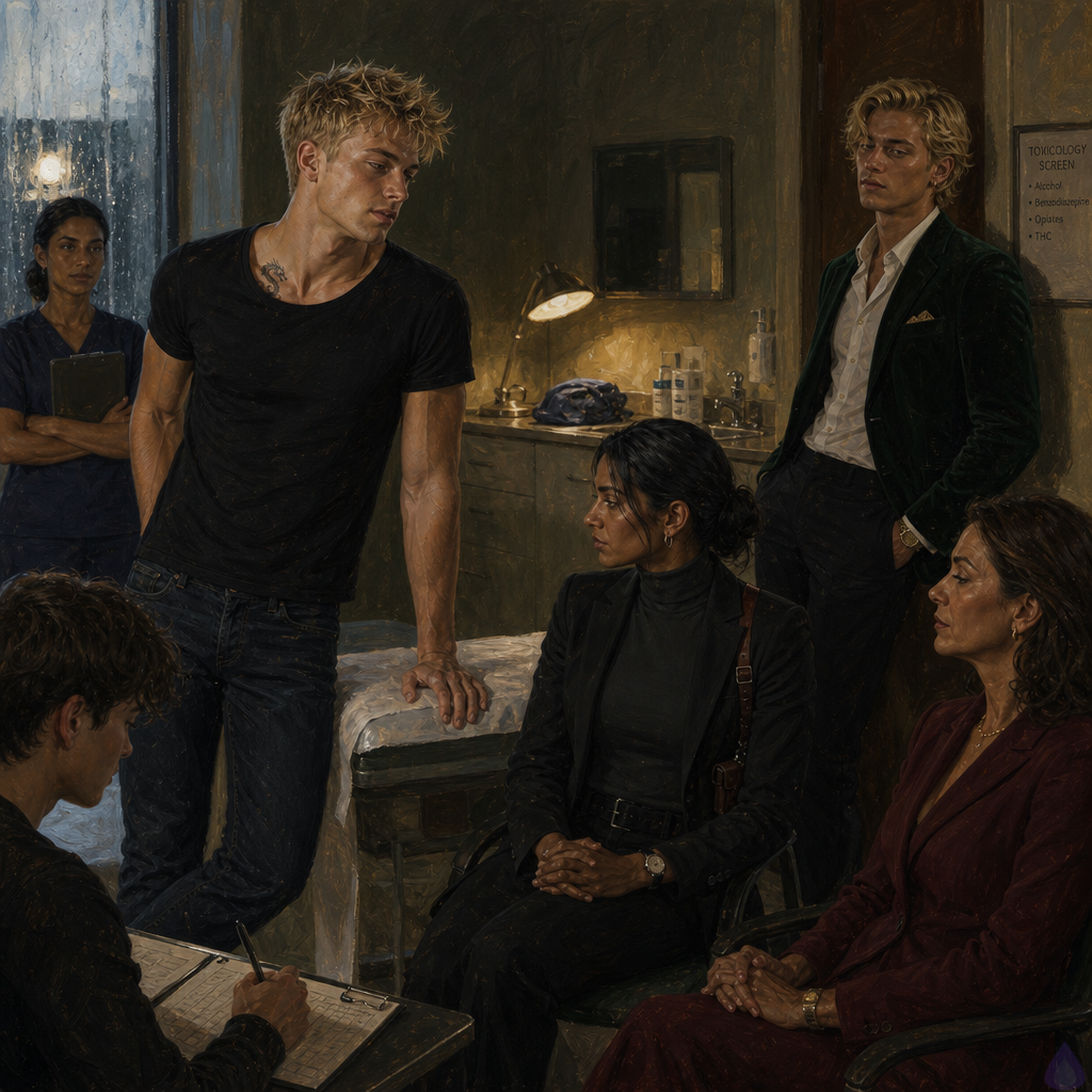 A tense PG-13 scene in a private clinic exam room at night, warm dim lamp light and rain-streaked window glow. Blake Rhodes, an 18-year-old fair-skinned young man with messy short blond hair, blue-grey eyes, athletic build, wearing an oversized charcoal hoodie over wrinkled party clothes, stands beside an exam table with one hand braced on the paper-covered edge, looking shaken but trying to stay composed. Amelia Danvers, tall athletic woman with deep mahogany skin, dark eyes, blue-black hair in a sleek low bun, thin silver scar along her right jaw, black security blazer and tactical trousers, stands protectively near the door with controlled intensity. Celeste Rhodes, elegant fair freckled woman with champagne-blonde waves, cream sweater and navy trousers, sits nearby with restrained grief and worry. Dr. Vance, gray-haired doctor with clipboard, and Nurse Patel with a sealed medical kit stand respectfully at a distance. Mood: trauma-informed care, quiet tension, protective intimacy, evidence and trust. No nudity, no explicit medical procedure, no graphic content.