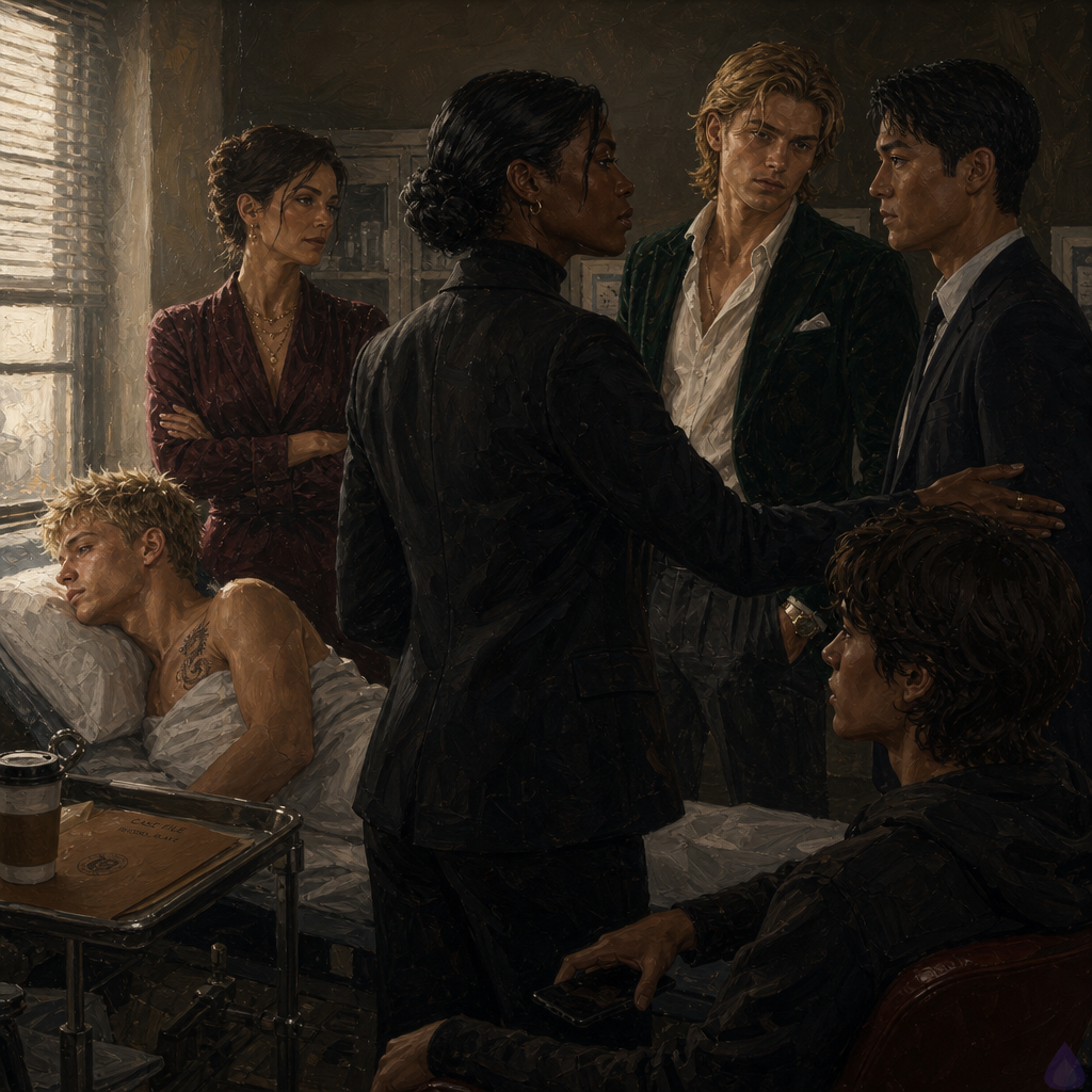 A tense PG-13 dramatic scene in a private forensic recovery room at dawn. Blake Rhodes, an exhausted fair-skinned young man with short messy blond hair and blue-gray eyes, lies on his side in a narrow clinic bed wearing soft clinic clothes under an oversized charcoal hoodie, looking shaken but alert. Beside the bed sits Amelia Danvers, a tall athletic Black woman with deep mahogany skin, dark eyes, a thin silver scar along her right jaw, small gold hoop earrings, blue-black hair in a sleek low bun, wearing a charcoal turtleneck and black tactical trousers with her black security blazer folded nearby. Amelia is seated slightly below Blake’s eye level, posture protective but careful, one hand resting on the back of a chair rather than touching him. Celeste Rhodes stands a few feet away, fair with freckles, champagne-blonde hair slightly loosened, cream sweater and navy trousers, pale and remorseful but restraining herself. Helena Rusk, a sharp older woman with a silver bob in a charcoal suit, stands between Celeste and two detectives near the door, holding a folder. The room has low clinical lighting, half-drawn blinds with pale dawn stripes, a side table with a paper coffee cup, a secure phone, and a muted atmosphere of legal urgency and emotional exhaustion. Mood: suspenseful, intimate, protective, painful truth emerging.