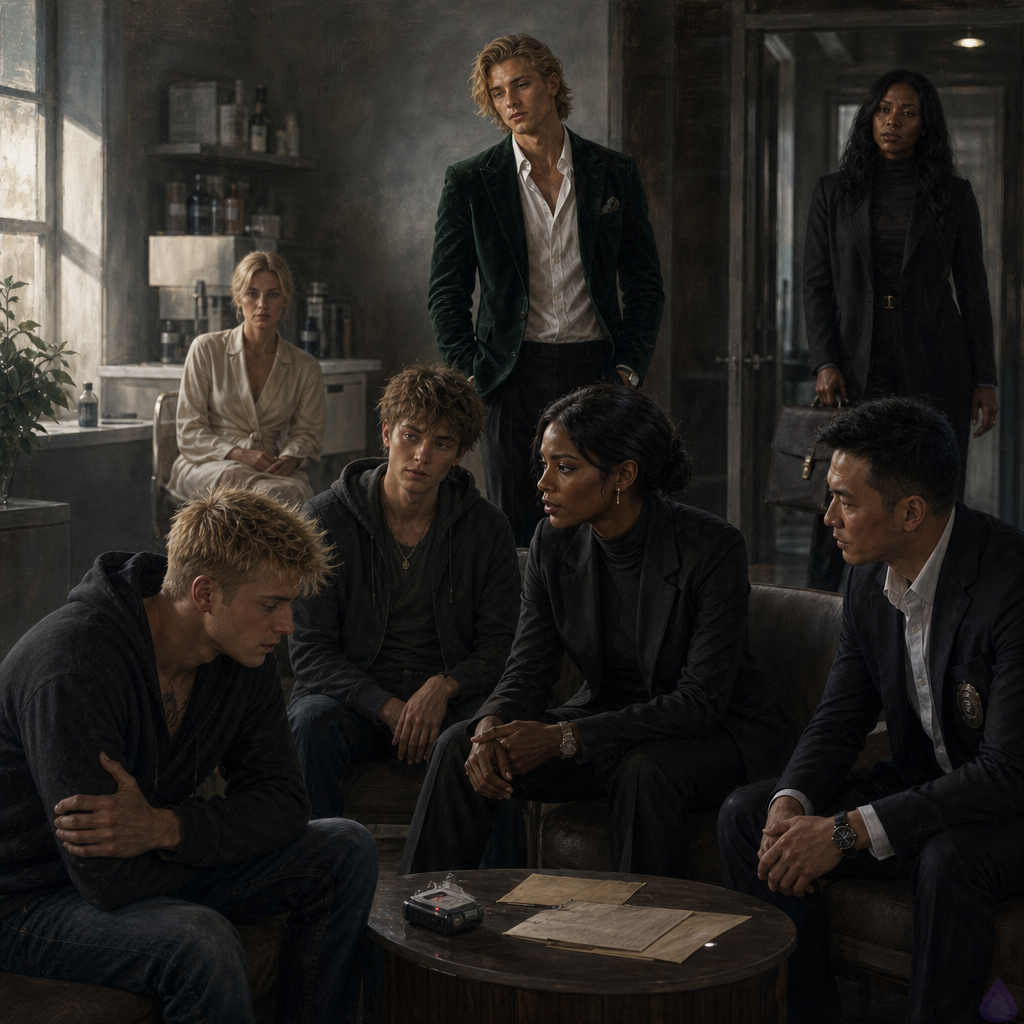A tense PG-13 forensic clinic consultation room at dawn, lit by pale clinical lights and gray morning through blinds. Blake Rhodes, an 18-year-old fair-skinned young man with short messy blond hair, blue-gray eyes, and an oversized charcoal hoodie over clinic-issued clothes, sits exhausted but determined near a low table with a small recorder. Amelia Danvers, a tall athletic woman with deep mahogany skin, dark eyes, blue-black hair in a sleek low bun, a thin silver scar along her right jaw, black security blazer and tactical trousers, stands near the door protectively, watching Blake with restrained tenderness. Celeste Rhodes, refined fair woman with freckles, champagne-blonde waves, cream sweater and navy trousers, sits nearby with hands clasped, visibly shaken but supportive. Two detectives and a gray-suited advocate sit across from Blake, listening respectfully. Helena Rusk, sharp silver-haired attorney in a dark coat and charcoal suit, has just entered with a briefcase. Mood: trauma-informed, suspenseful, intimate trust, protective tension, no explicit content.