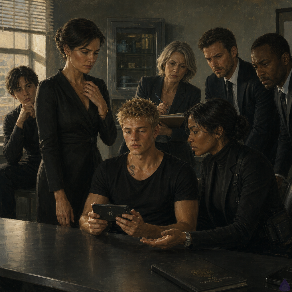 A tense PG-13 forensic unit consultation room at dawn, pale clinical light and rain-streaked windows. Blake Rhodes, an 18-year-old fair-skinned young man with short messy blond hair, blue-gray eyes, athletic build, wearing a soft clinic outfit under an oversized charcoal hoodie, sits exhausted in a chair holding a secure phone on speaker. Celeste Rhodes, elegant but shaken, champagne-blonde hair loose, cream sweater and navy trousers, stands nearby with one hand near her chest, visibly trying not to interrupt. Amelia Danvers, tall athletic Black woman with deep mahogany skin, dark eyes, blue-black hair in a sleek low bun, black security blazer and tactical trousers, stands close beside Blake without touching, protective and restrained, silver scar along her jaw visible. Helena Rusk and two detectives wait in the background, serious and attentive. A locked evidence cabinet, medical forms, and a glowing phone screen showing file names add tension. Mood: intimate, traumatic, suspenseful, with quiet trust and controlled urgency.