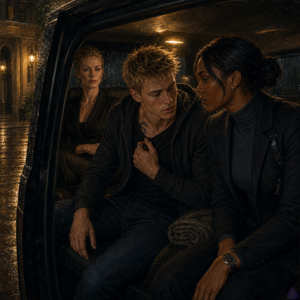 PG-13 cinematic scene inside a black security SUV at night in the rain, viewed from the open side angle. Blake Rhodes, an 18-year-old fair-skinned young man with messy short blond hair, blue-grey eyes, athletic build, wearing an oversized charcoal hoodie over wrinkled party clothes, sits angled carefully in the middle row with a folded blanket for comfort, tense but trying to stay composed. Amelia Danvers, tall athletic woman with deep mahogany skin, blue-black hair in a sleek low bun, dark eyes, thin silver scar along her right jaw, black security blazer and tactical trousers, sits beside him holding a secure phone, her body protective but respectful, waiting for his consent. Celeste Rhodes sits in the rear row, fair freckled skin, champagne blonde hair loose, cream sweater and navy trousers, watching with restrained fear and love. Rain streaks the windows, Rhodes House glows in the background through the open gate, moody amber interior light, atmosphere of trauma recovery, trust, and rising suspense.