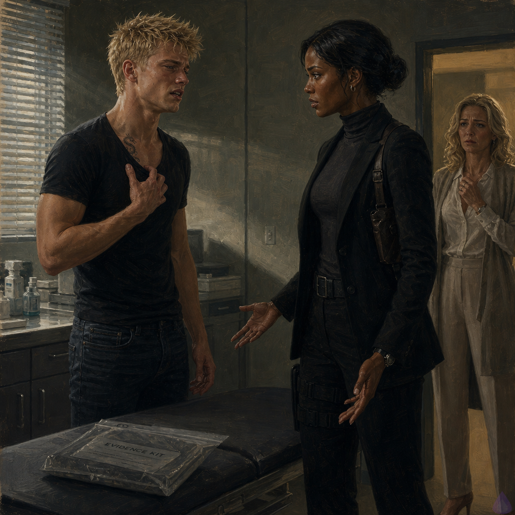 A tense PG-13 hospital forensic unit consultation room at dawn, soft gray light through blinds, sterile counters with a sealed evidence kit, muted medical supplies, and warm clinical lighting. Blake Rhodes, an 18-year-old fair-skinned young man with messy short blond hair, blue-gray eyes, athletic build, wearing soft clinic clothes under an oversized charcoal hoodie, stands shaken near the exam table, one hand clenched at his chest. Amelia Danvers, tall athletic woman with deep mahogany skin, dark eyes, blue-black hair in a sleek low bun, black security blazer, tactical trousers, small gold hoops, and a thin silver scar along her right jawline, stands close but not touching, hands visible, protective and controlled. Celeste Rhodes, elegant fair-skinned champagne-blonde woman in a cream sweater and navy trousers, stands near the door without jewelry, pale and devastated but supportive. Mood is emotional, restrained, protective, aftermath of trauma, no explicit imagery, no nudity, no gore.