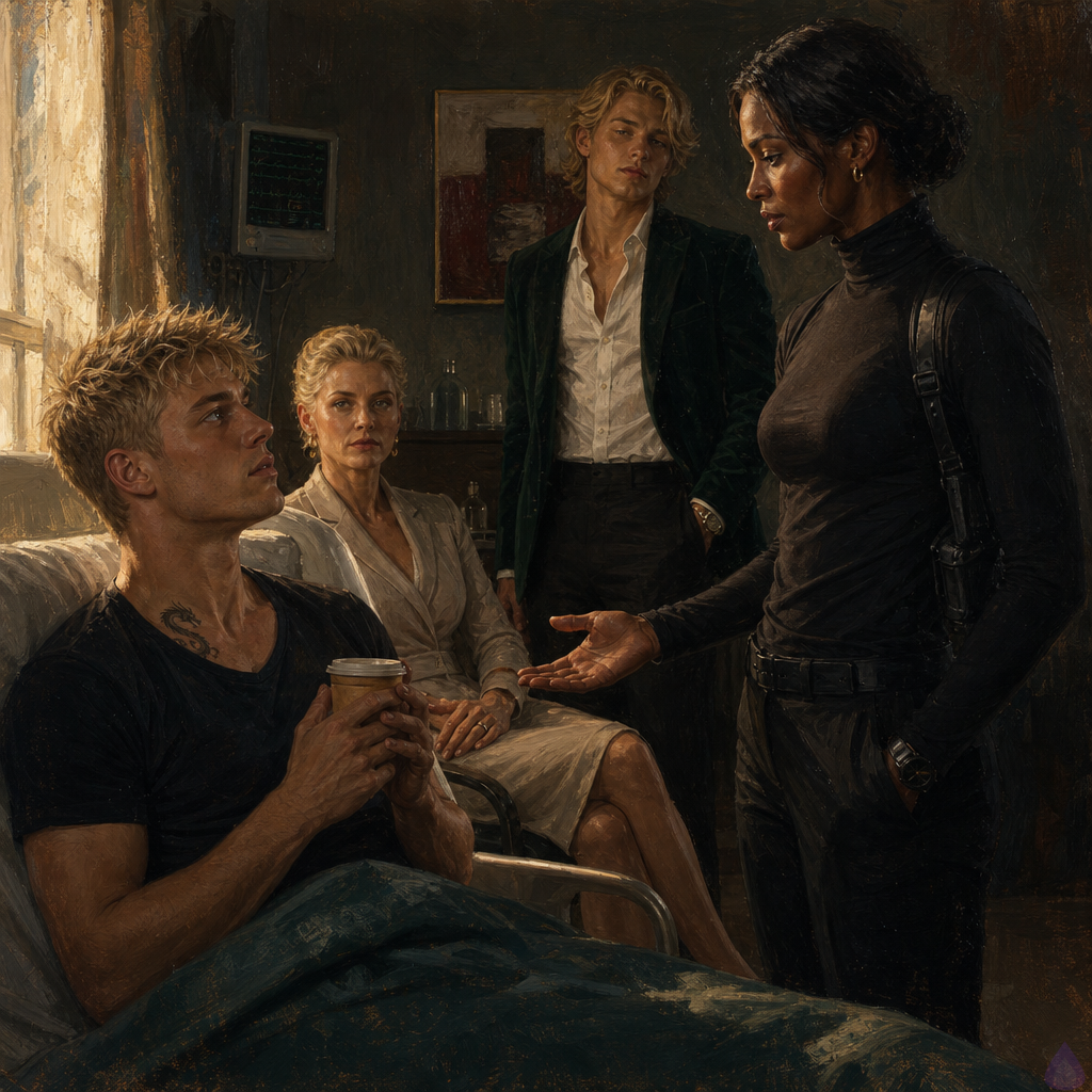 A tense PG-13 cinematic scene inside a private forensic unit recovery room in pale morning light. Blake Rhodes, an exhausted young blond man with messy short spiky hair, fair skin, blue-gray eyes, and an oversized charcoal hoodie over soft clinic clothes, lies angled on a narrow recovery bed holding a paper cup of coffee with trembling hands. Amelia Danvers, a tall athletic Black woman with deep mahogany skin, dark eyes, a thin silver scar along her right jaw, small gold hoop earrings, and blue-black hair in a sleek low bun, stands protectively near the door in a charcoal turtleneck and black tactical trousers, blazer folded nearby, body angled toward Blake and the hallway. Celeste Rhodes, elegant but shaken with champagne-blonde hair clipped back, fair freckled skin, and ice-blue eyes, sits near the foot of the bed with hands clasped tightly. Helena Rusk, sharp older attorney with a silver bob and charcoal suit, stands with a folder. Through a small interior window, two detectives and a forensic examiner are visible in the hallway. Mood: intimate, tense, protective, emotionally raw. Lighting: gray-silver dawn through blinds, soft clinical overhead light, muted colors, rain-damp atmosphere, no explicit content.