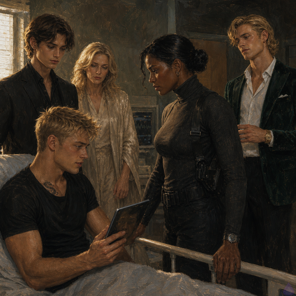 A tense PG-13 cinematic scene in a private forensic unit recovery room at dawn. Blake Rhodes, an exhausted 18-year-old young man with messy short blond hair, fair skin, blue-gray eyes, and an oversized charcoal hoodie over soft clinic clothes, sits angled carefully in a chair beside a narrow medical bed, visibly shaken but determined. Amelia Danvers, a tall athletic Black woman with deep mahogany skin, dark eyes, a sleek low bun, small gold hoop earrings, a thin silver scar along her right jaw, charcoal turtleneck, black tactical trousers, and a shoulder holster, stands protectively between Blake and the door, one hand gripping the bed rail near his but not touching. Celeste Rhodes, elegant and pale with champagne-blonde hair loosened, freckled fair skin, and worried ice-blue eyes, stands behind Blake’s right shoulder in a cream sweater and navy trousers, restrained and frightened. Helena Rusk and two detectives stand nearby with a recorder and tablet. The tablet on a rolling tray shows an active call interface as Elias Wren’s voice comes through, though he is not visible. Lighting is low clinical dawn light through blinds, mood tense, protective, emotionally charged, with body language emphasizing boundaries, fear, and resolve.