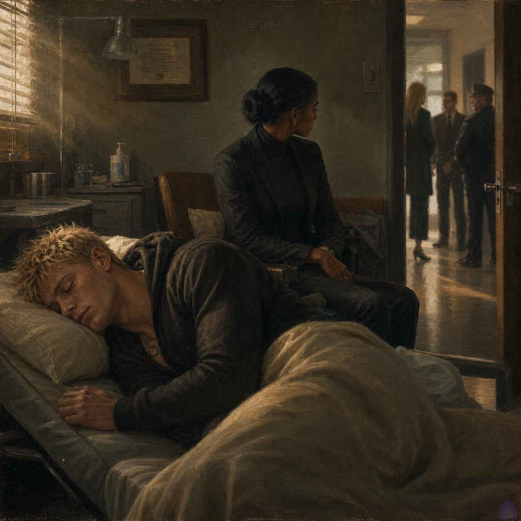 A moody PG-13 cinematic scene in a private forensic clinic recovery room at dawn. Blake Rhodes, an exhausted 18-year-old masculine young man with messy short blond hair, blue-gray eyes, fair skin, athletic but not bulky build, wearing soft clinic clothes under an oversized charcoal hoodie, lies curled carefully on his side under a pale blanket on a narrow medical bed. Amelia Danvers, a tall athletic Black woman with deep mahogany skin, dark nearly black eyes, blue-black hair in a sleek low bun, a thin silver scar along her right jawline, small gold hoop earrings, and a tailored black security blazer over charcoal tactical clothes, sits in a chair near the wall facing both Blake and the door, watchful and protective. The lighting is low and warm, dawn silver filtering through half-closed blinds, antiseptic clinical room softened by blankets and quiet shadows. Body language shows restraint, tenderness, exhaustion, and trust without physical contact. In the hallway through a slightly open door, blurred silhouettes suggest Celeste Rhodes, Helena Rusk, and detectives preserving evidence. The mood is intimate, tense, protective, and healing.