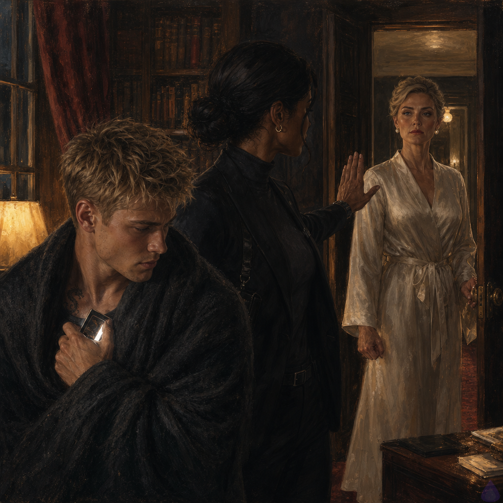 A tense PG-13 cinematic scene in an elegant old-money east library at night, warm amber lamps, dark wood shelves, leather-bound books, and heavy curtains. Blake Rhodes, an 18-year-old fair-skinned young man with messy short blond hair, blue-grey eyes, athletic build, wearing a wrinkled black party shirt and designer jeans, stands wrapped tightly in a charcoal cashmere throw, shaken and pale, holding a glowing phone close to his chest. Amelia Danvers, tall athletic woman with deep mahogany skin, dark eyes, blue-black hair in a sleek low bun, thin silver scar along her right jaw, wearing a tailored black security blazer and tactical trousers, stands protectively between Blake and Celeste with one hand raised as a calm boundary. Celeste Rhodes, elegant fair-skinned woman with freckles, champagne blonde old-Hollywood waves, ice-blue eyes, pearl earrings, and a cream silk robe, stands in the doorway visibly frightened and restraining herself. Mood of vulnerability, protection, family tension, and quiet danger, realistic lighting, emotionally intense body language, no explicit content.