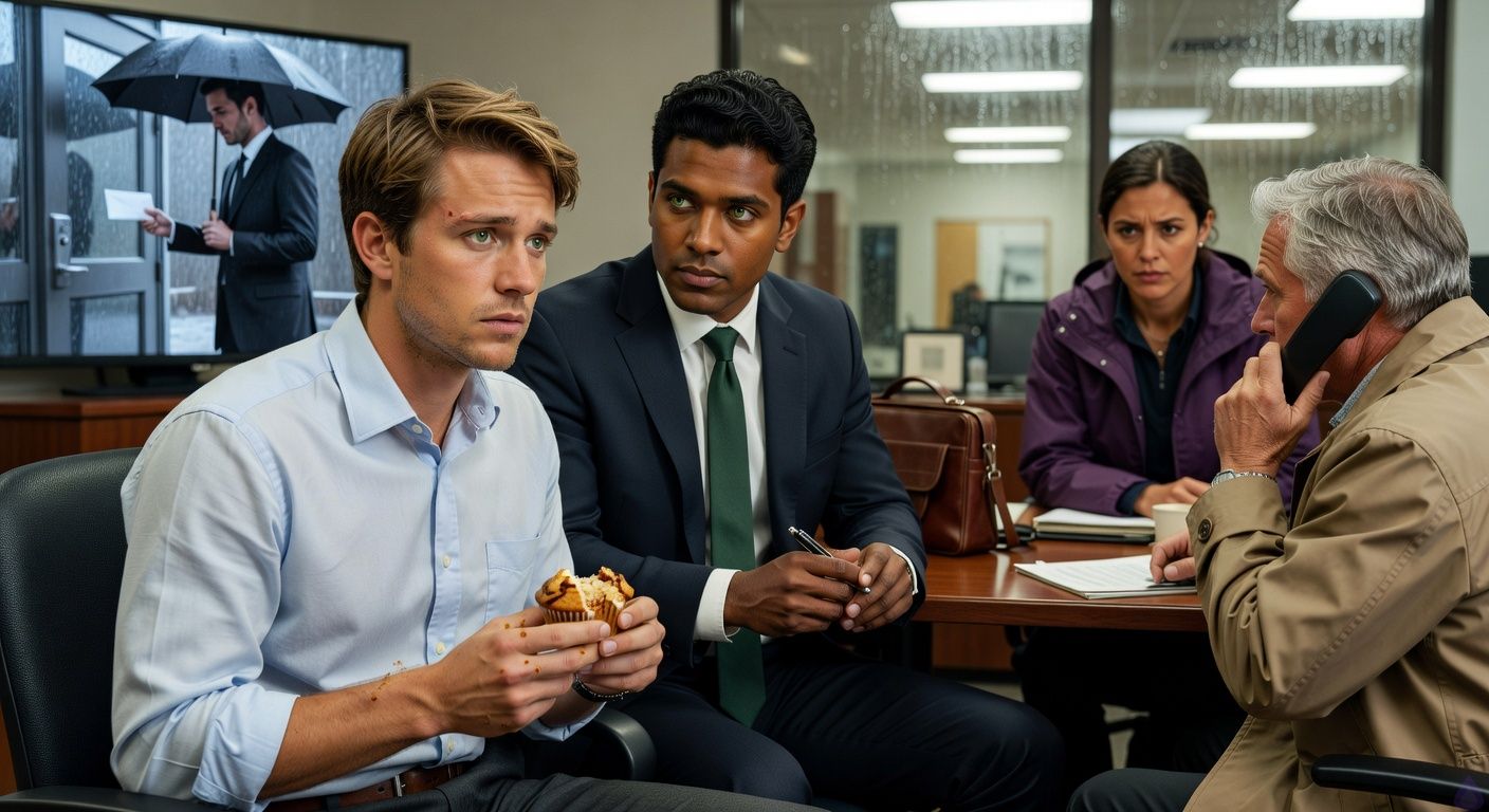 Contemporary legal office at night during heavy rain, warm fluorescent and desk-lamp lighting, tense PG-13 scene. A lean late-20s man with brown-blond tousled hair, murky green eyes, pale blue rolled-sleeve button-down, charcoal slacks sits at a conference table holding a half-eaten cinnamon pecan muffin, visibly shaken but trying to stay composed. Beside him stands a broad-shouldered early-30s man with warm honey-brown skin, black brushed-back wavy hair, green-hazel eyes, navy blazer and loosened forest-green tie, protective but careful not to crowd him. An older silver-haired lawyer in a tan raincoat speaks urgently on an office phone, while a woman in a purple windbreaker and scarf watches with fierce concern. On a computer monitor, a grainy black-and-white security camera feed shows a tall immaculate man in a charcoal suit under a black umbrella leaving a white envelope at the downstairs entrance in the rain. Mood: suspenseful, intimate support, legal thriller realism, no magic, no violence.