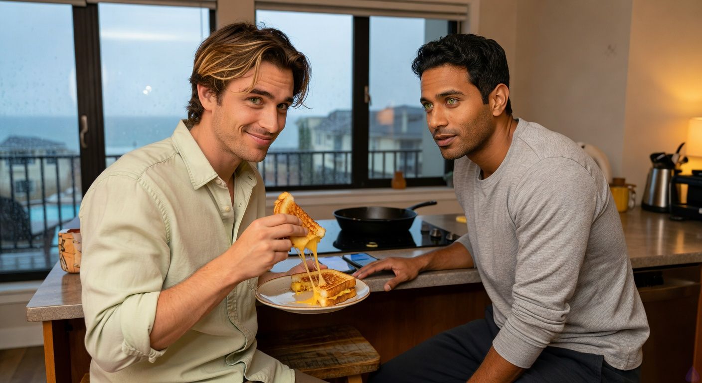 A PG-13 contemporary romance scene in a warm apartment kitchen at night after rain. Mathias Morgan, a lean late-20s man with tousled brown-blond hair, murky green eyes, fair peach skin, and a rumpled forest-green shirt, sits barefoot on a kitchen stool holding half of a golden grilled cheese sandwich, visibly emotional but smiling faintly. Eric Beckett, a broad-shouldered early-30s man with warm honey-brown skin, soft black hair, green-hazel eyes, and a gray T-shirt, leans across the counter with a tender, patient expression. A cast-iron skillet rests on the stove, butter glistens on the counter, and two phones lie nearby with message notifications. Rain streaks the dark balcony windows behind them. The mood is intimate, safe, quietly victorious, with warm lamplight, soft shadows, and lingering romantic closeness after a vulnerable night.
