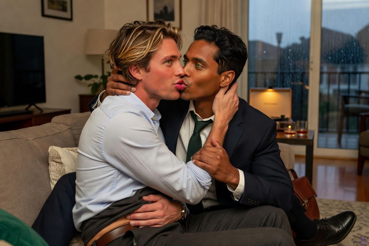 PG-13 contemporary romantic scene inside a warm second-floor apartment at night. Two adult men on a couch in lamplight after a kiss: Mathias Morgan, late 20s, fair peach skin, lean build, brown-blond tousled hair falling over his forehead, murky green eyes, wearing a forest-green shirt, is half seated in Eric Beckett’s lap, breathless and emotionally vulnerable. Eric Beckett, early 30s, warm honey-brown skin, broad-shouldered solid build, black hair loosened with a natural wave, green-hazel eyes, wearing a charcoal T-shirt and dark jeans, gently holds Mathias’s wrist to slow him down while still looking openly affectionate and desirous. Their bodies are close, one of Mathias’s hands rests under the hem of Eric’s shirt at his abdomen, but the scene remains tasteful and PG-13. Rain streaks the balcony glass, a record player glows softly in the background, bourbon glasses sit on a side table, cozy apartment lighting, intimate consent-focused mood, tender restraint, romantic tension.
