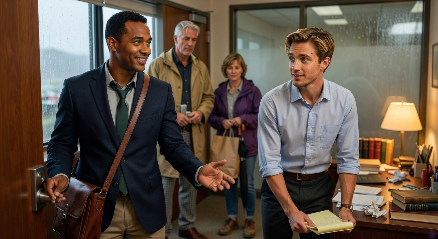 A tense contemporary small-town law office at night during heavy rain, warm desk lamps illuminating shelves of legal books and scattered papers. Mathias Morgan, a lean late-20s man with brown-blond tousled hair, murky green eyes, pale blue rolled-sleeve button-down and charcoal slacks, sits shaken beside a desk holding a legal pad and phone. Eric Beckett, a broad-shouldered early-30s man with warm honey-brown skin, black brushed-back hair, green-hazel eyes, navy blazer and loosened forest-green tie, stands protectively near the office door. Mr. Hale, an older lawyer in a tan raincoat over pajama pants, and Darlene in a purple windbreaker holding an umbrella and a grocery bag, have just entered. Mood: relief mixed with danger, rain streaking the windows, cozy lamplight against dark glass, body language protective and emotionally charged, PG-13 drama.