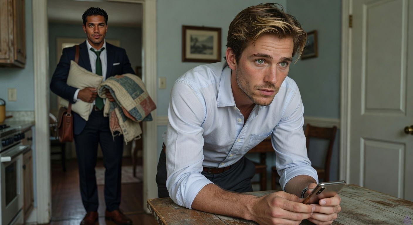 A PG-13 contemporary dramatic scene inside an old Southern family kitchen at night after rain. Mathias Morgan, a lean late-20s man with fair peach skin, brown-blond tousled hair, murky green eyes, wearing a wrinkled pale blue button-down and charcoal slacks, stands at a wooden kitchen table with both hands pressed flat to it, visibly shaken but steadier than before. Eric Beckett, a broad-shouldered early-30s man with warm honey brown skin, short black wavy hair, green-hazel eyes, wearing a creased white dress shirt with sleeves rolled and dark trousers, stands in the doorway holding an old quilt and pillow for the couch. The kitchen is warmly lit by a stove light and small lamps, with an old coffee pot, a chipped mug, rain-streaked windows, and a glowing porch light visible through the front room. Mood: tender, tense, protective, intimate but nonsexual, a fragile moment of safety after danger. Cinematic lighting, realistic contemporary style, emotional body language, no fantasy elements.