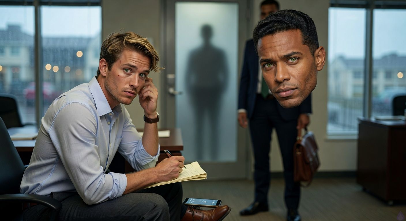 A tense contemporary law office at night during heavy rain, warm desk lamp lighting shelves of law books and scattered legal papers. Mathias Morgan, a lean late-20s man with tousled brown-blond hair, murky green eyes, fair peach skin, a wrinkled pale blue button-down and charcoal slacks, sits shaken at a desk holding a pen near a yellow legal pad documenting a threatening voicemail. Eric Beckett, a broad-shouldered early-30s man with warm honey brown skin, brushed-back black hair, clear green eyes with hazel rings, a navy blazer and loosened forest-green tie, stands protectively between Mathias and the frosted glass office door. Outside the door, a shadowy indistinct figure is visible through the glass after knocking. Rain streaks the dark windows, the mood is suspenseful, intimate, protective, PG-13 thriller romance atmosphere, cinematic realism, no violence shown.