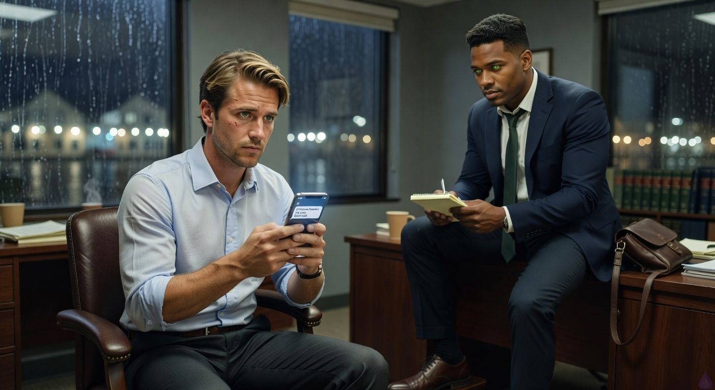 A tense contemporary Southern small-town law office at night during heavy rain, warm desk lamp lighting old wooden floors, law books, scattered legal papers, and a yellow legal pad. Mathias Morgan, a lean late-20s man with brown-blond tousled hair, murky green eyes, fair peach skin, wearing a wrinkled pale blue button-down and charcoal slacks, sits in an office chair holding a smartphone and reading a threatening message aloud, visibly shaken but determined. Eric Beckett, a broad-shouldered early-30s man with warm honey-brown skin, short black brushed-back hair, green eyes with hazel rings, wearing a navy blazer, white shirt, and loosened forest-green tie, sits nearby with a pen and legal pad, calm and protective. Rain streaks the dark windows, streetlights blur outside, mood intimate, suspenseful, supportive, PG-13, no violence, no explicit content.