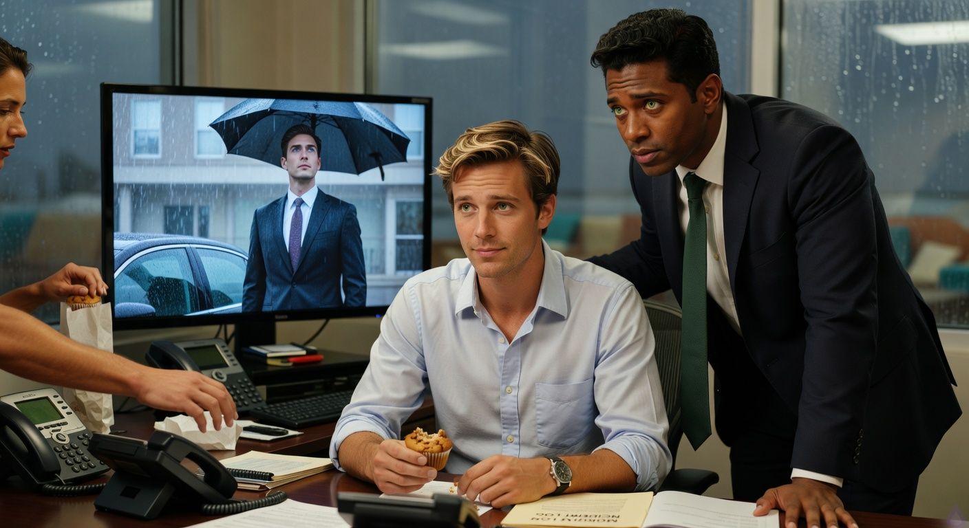 Contemporary legal office at night during heavy rain, warm lamplight over a cluttered conference table with legal pads, muffins, smartphones, and a computer monitor showing a grainy security camera feed. Mathias Morgan, a lean late-20s man with brown-blond tousled hair, murky green eyes, pale blue rolled-sleeve shirt, and tense shoulders, sits pale and shaken at the table. Eric Beckett, broad-shouldered with warm honey-brown skin, black brushed-back hair, green-hazel eyes, navy blazer and loosened forest-green tie, stands protectively beside him, angled between Mathias and the monitor. Hale, older with silver hair and tan raincoat over pajama pants, reaches for the office phone. Darlene in a purple windbreaker and scarf pauses with concern near a paper bag of muffins. On the monitor: a dark sedan at the rainy curb, and Adrian Voss, tall and trim in an immaculate charcoal suit under a black umbrella, looking up toward the second-floor windows. Mood tense, intimate, protective, cinematic PG-13 thriller romance atmosphere, reflections of rain on glass and warm office light contrasting with cold blue-gray security footage.