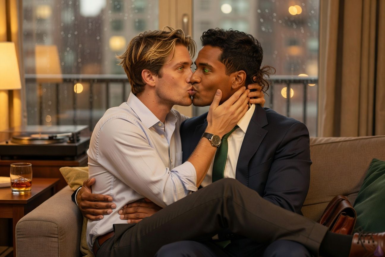 A PG-13 contemporary romantic scene in a warmly lit second-floor apartment at night. Mathias Morgan, a lean late-20s man with tousled brown-blond hair, murky green eyes, fair peach skin, and a forest-green shirt, is sitting partly in Eric Beckett’s lap on a cozy couch. Eric Beckett, a broad-shouldered early-30s man with warm honey-brown skin, short black wavy hair, and green eyes with hazel rings, wears a charcoal T-shirt and dark jeans. They are kissing directly, lips together, tender and mutual, with Eric’s hand cupping Mathias’s cheek and Mathias’s hand in Eric’s hair. A half-full bourbon glass sits safely on a side table, a record player glows in the background, rain streaks the balcony glass, and golden lamplight creates an intimate, safe, healing mood. No nudity, no explicit sexual content, just romantic closeness and emotional warmth.