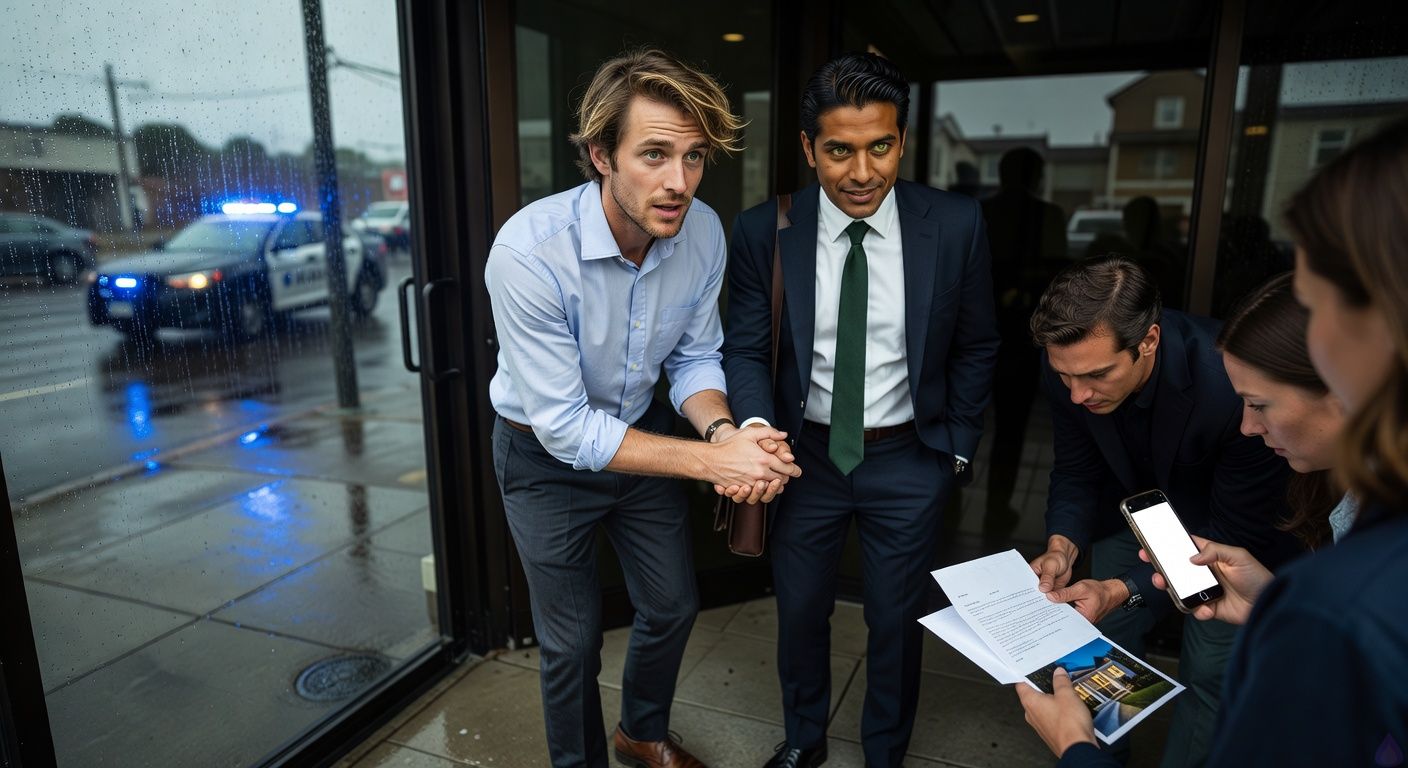 A tense contemporary nighttime scene at the glass entrance of a small-town law office above a pharmacy during heavy rain. Mathias Morgan, a lean late-20s man with brown-blond tousled hair, murky green eyes, fair peach skin, and a rumpled pale blue button-down, stands shaken but upright while holding Eric Beckett’s hand. Eric, a broad-shouldered early-30s man with warm honey-brown skin, brushed-back black hair, green-hazel eyes, navy blazer, and loosened forest-green tie, stands protectively beside him. An older silver-haired lawyer in a tan raincoat and pajama pants holds documents and a phone, while a woman in a purple windbreaker and scarf shines a phone light. On the floor by the door is an opened white envelope, pages, and a photograph of a porch-lit house. Outside the rain-streaked glass, a police cruiser has pulled up with silent blue lights reflecting across the wet street and the characters’ faces. Mood: suspenseful, intimate trust, legal-thriller tension, PG-13, cinematic lighting, realistic modern Southern small town.