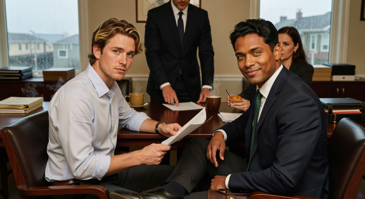 A contemporary small-town law office conference room on a rainy morning, warm overhead lights reflecting on a polished wooden table. Mathias Morgan, a lean late-20s man with brown-blond tousled hair, murky green eyes, fair peach skin, and a rumpled green shirt under a jacket, sits at the table holding a formal legal letter with tense but determined posture. Eric Beckett, a broad-shouldered early-30s man with warm honey-brown skin, black wavy hair, and clear green-hazel eyes, sits close beside him in a gray shirt and blazer, one knee subtly touching Mathias’s in quiet support. Hale, an older silver-haired lawyer in a tan raincoat, stands at the head of the table pointing firmly at the document. Darlene, wearing a colorful scarf and purple windbreaker, slides a muffin and pen toward Mathias with protective humor. Rain streaks the windows, document boxes and coffee cups clutter the table, mood tense but supportive, cinematic realism, PG-13, no explicit content.