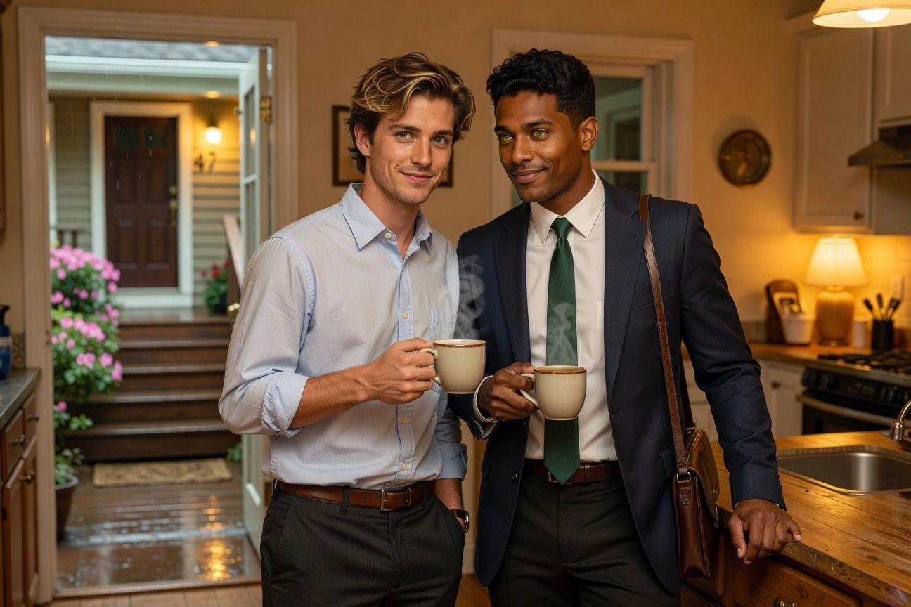 Contemporary Southern small-town home at golden dusk after rain. Interior view from the cozy kitchen looking toward the open front hallway and porch beyond. Mathias Morgan, a lean late-20s man with softly tousled brown-blond hair, murky green eyes, fair peach skin, and faint stress lines, stands beside Eric Beckett, a broad-shouldered early-30s man with warm honey-brown skin, brushed-back black hair, and green eyes with hazel rings. Mathias wears a rumpled green shirt and slacks, holding a coffee mug, his shoulder resting gently against Eric. Eric wears a casual gray shirt and dark trousers, holding another mug, relaxed and protective without crowding him. Through the front door window, a porch light glows warm honey-yellow over wet steps, azaleas, and brass house numbers. Mood is tender, safe, emotionally resolved, with soft lamplight, rain-washed reflections, quiet intimacy, and the feeling of surviving a long storm. PG-13, no explicit content.