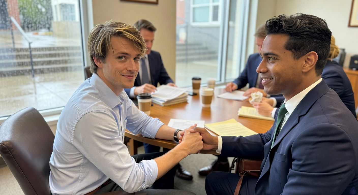 Contemporary legal drama scene in a small Southern law firm conference room after a storm. A polished wooden table is covered with legal folders, printed emails, yellow legal pads, coffee cups, and muffin crumbs. Mathias Morgan, late 20s, lean, fair peach skin with light southern warmth, brown-blond tousled hair, murky green eyes, rumpled green shirt, sits at the table holding hands with Eric Beckett. Eric is early 30s, warm honey brown skin, broad-shouldered, black hair slightly mussed, green eyes with hazel rings, wearing a rumpled gray shirt, looking at Mathias with quiet pride and tenderness. Hale, older with silver hair, glasses, tan raincoat, sits at the head of the table with a stern satisfied expression and legal documents in hand. Darlene, wearing a purple windbreaker and scarf, stands nearby with a muffin wrapper, fierce and supportive. Morning sunlight breaks through rain-streaked windows, casting pale gold across the courthouse visible outside. Mood: tense relief, legal victory, found-family support, intimate but PG-13, no fantasy elements, realistic modern office lighting and atmosphere.