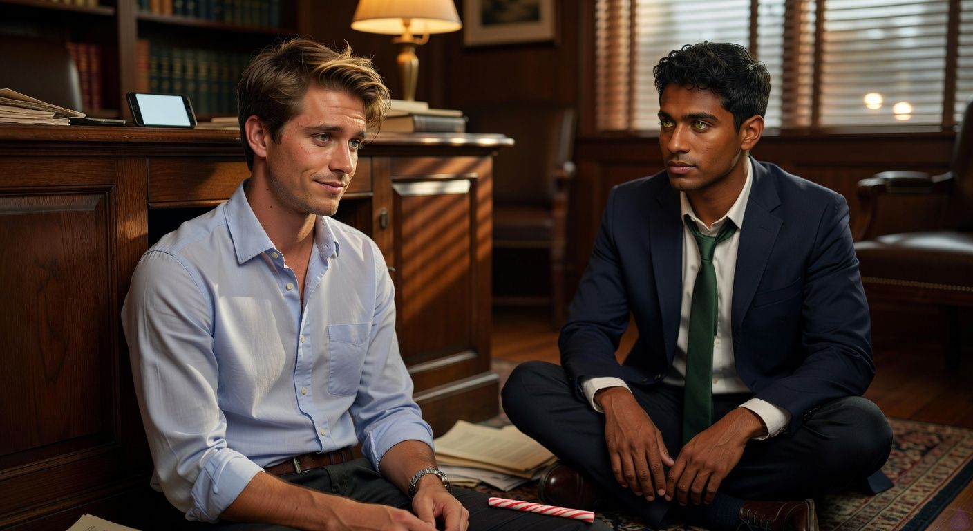 A cinematic PG-13 contemporary drama scene inside a small-town southern law office after hours. Warm amber lamplight spills across shelves of law books, scattered legal papers fan across a wooden floor, and venetian blinds cast stripes from passing headlights. Mathias Morgan, a lean late-20s man with tousled brown-blond hair, murky green eyes, fair peach skin, tense shoulders, a pale blue button-down with rolled sleeves and charcoal slacks, sits on the floor against a desk looking shaken and vulnerable. Eric Beckett, a broad-shouldered early-30s man with warm honey brown skin, brushed-back black hair, clear green eyes with hazel rings, a loosened forest-green tie, white shirt, navy blazer, dark trousers, and a brown leather satchel, sits several feet away on the floor with open, steady hands, offering calm support. A peppermint stick lies between them. On the desk above Mathias, a smartphone glows with an incoming blocked call, casting cold light that contrasts with the warm room. Mood: tense, intimate, compassionate, suspenseful, realistic legal drama aesthetic.