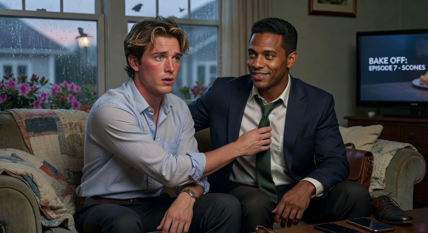 A PG-13 contemporary romance thriller scene in a cozy old Southern living room at gray dawn after rain. Mathias Morgan, a lean late-20s man with tousled brown-blond hair, fair peach skin, murky green eyes, wearing a wrinkled pale blue button-down and charcoal slacks, wakes on a faded couch tangled under an old quilt with Eric Beckett, a broad-shouldered early-30s man with warm honey-brown skin, short black wavy hair, green hazel eyes, and a wrinkled white dress shirt. Mathias is pulling back in embarrassed surprise, cheeks flushed, one hand just released from Eric’s shirt. Eric is waking gently, loosening his protective arm with calm care. The TV glows faintly with a paused baking show, two phones sit on the coffee table, rain-streaked curtains filter soft morning light, and the porch light outside has just gone off. Mood: tender, awkward, safe but tense, with lingering threat beyond the house.
